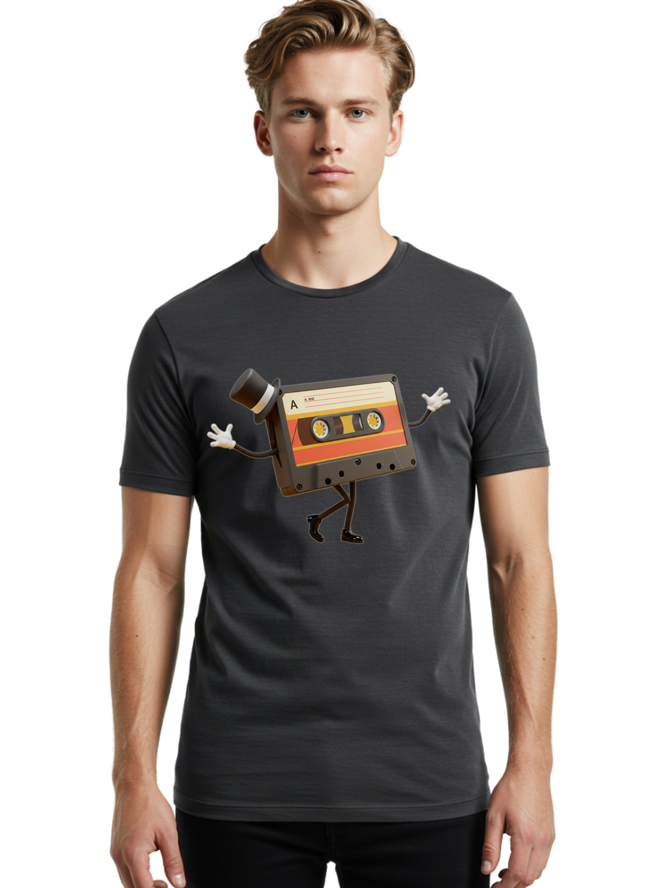 Cassette-Tape Men'S Graphic Tee, 100% Cotton, Comfortable Casual Summer Wear, Machine Washable, Retro Cassette Tape, Anthropomorphic Design, Top Hat, Gloves, Stick Figure Legs, Vintage Audio, Nostalgic Charm, Playful Illustration, Baa274