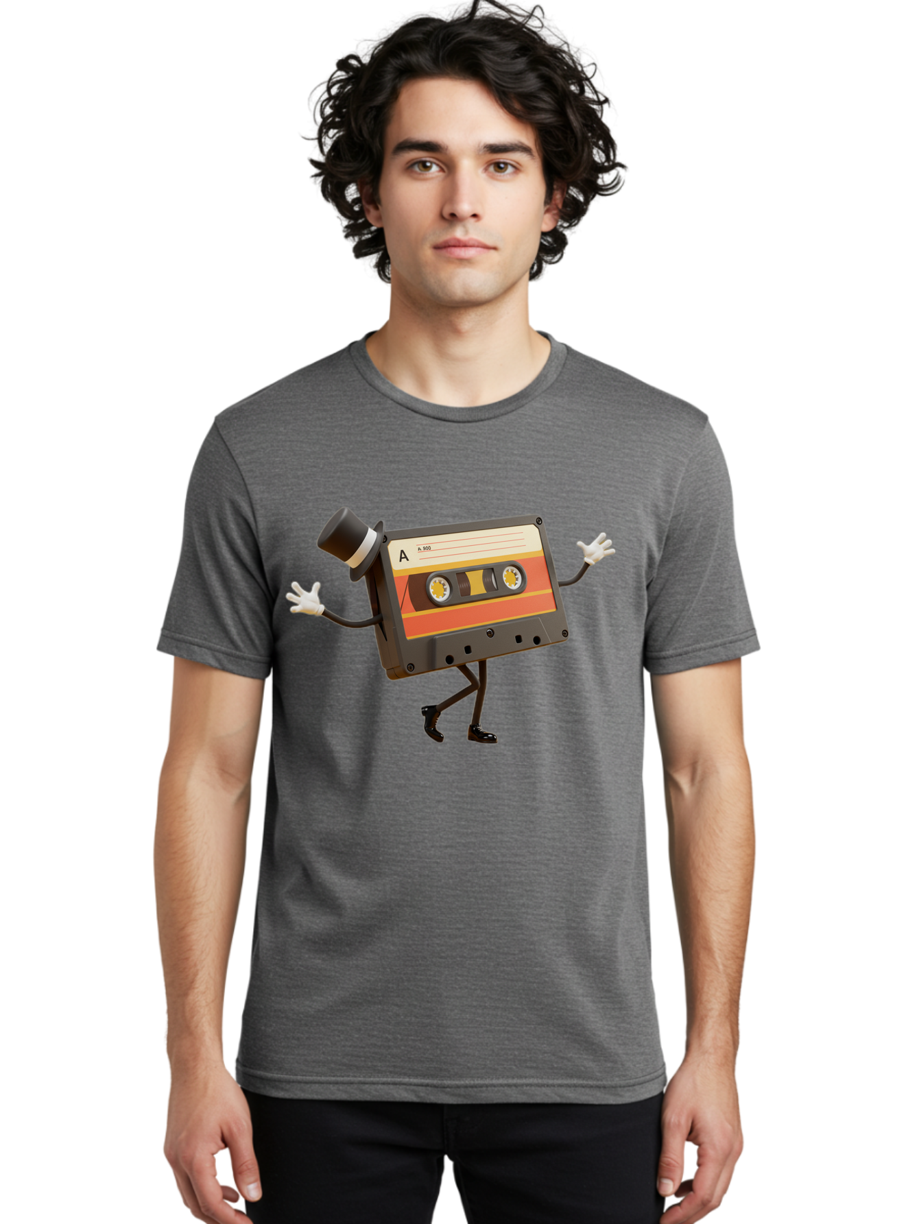 Cassette-Tape Men'S Graphic Tee, 100% Cotton, Comfortable Casual Summer Wear, Machine Washable, Retro Cassette Tape, Anthropomorphic Design, Top Hat, Gloves, Stick Figure Legs, Vintage Audio, Nostalgic Charm, Playful Illustration, Baa274