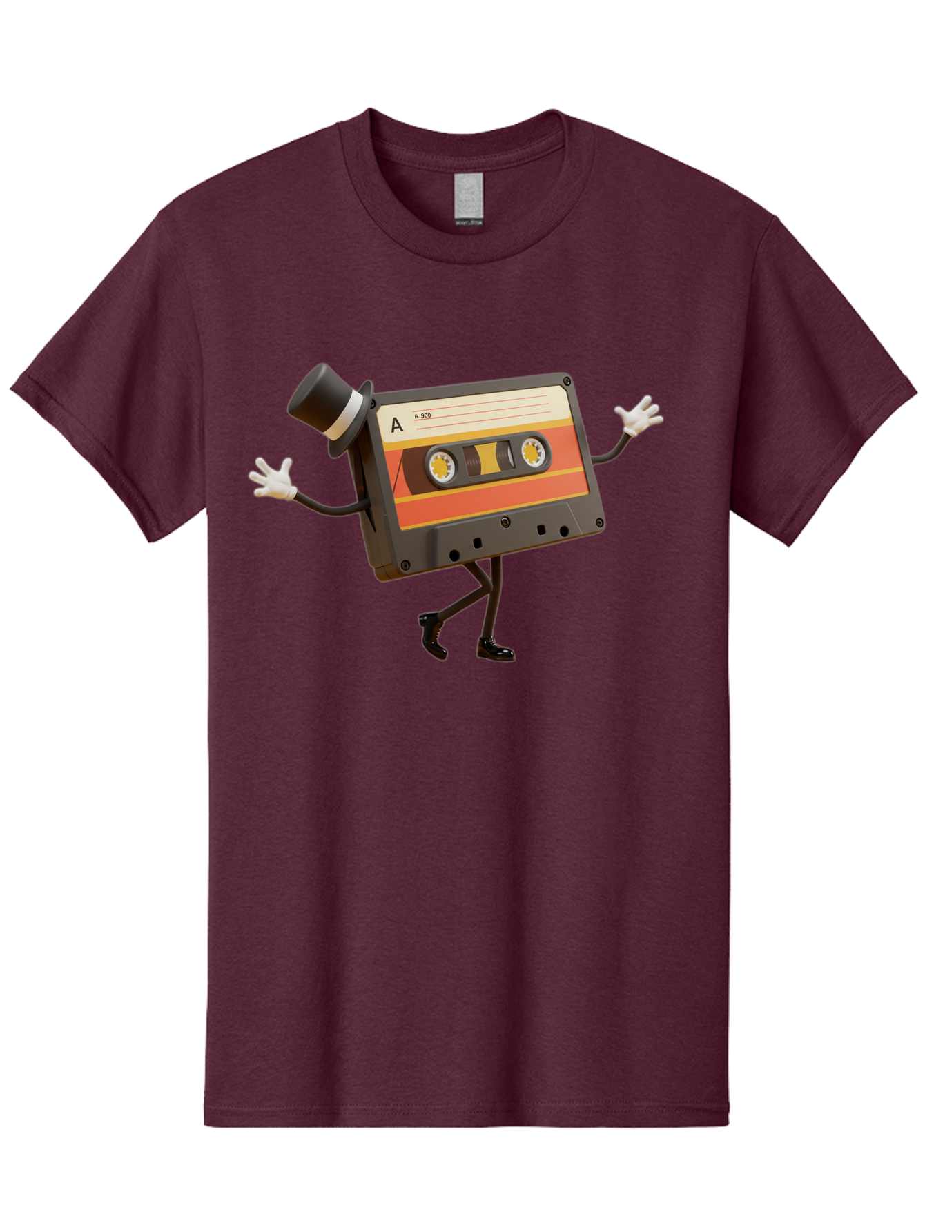 Cassette-Tape Men'S Graphic Tee, 100% Cotton, Comfortable Casual Summer Wear, Machine Washable, Retro Cassette Tape, Anthropomorphic Design, Top Hat, Gloves, Stick Figure Legs, Vintage Audio, Nostalgic Charm, Playful Illustration, Baa274