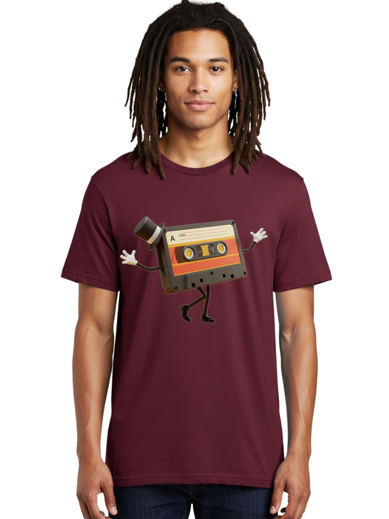 Cassette-Tape Men'S Graphic Tee, 100% Cotton, Comfortable Casual Summer Wear, Machine Washable, Retro Cassette Tape, Anthropomorphic Design, Top Hat, Gloves, Stick Figure Legs, Vintage Audio, Nostalgic Charm, Playful Illustration, Baa274