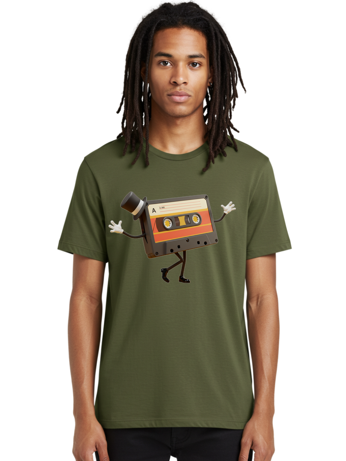Cassette-Tape Men'S Graphic Tee, 100% Cotton, Comfortable Casual Summer Wear, Machine Washable, Retro Cassette Tape, Anthropomorphic Design, Top Hat, Gloves, Stick Figure Legs, Vintage Audio, Nostalgic Charm, Playful Illustration, Baa274