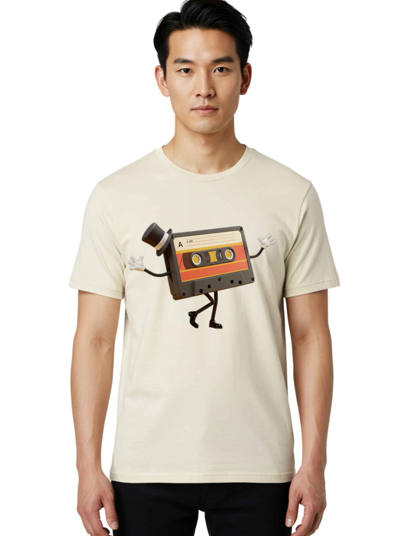 Cassette-Tape Men'S Graphic Tee, 100% Cotton, Comfortable Casual Summer Wear, Machine Washable, Retro Cassette Tape, Anthropomorphic Design, Top Hat, Gloves, Stick Figure Legs, Vintage Audio, Nostalgic Charm, Playful Illustration, Baa274
