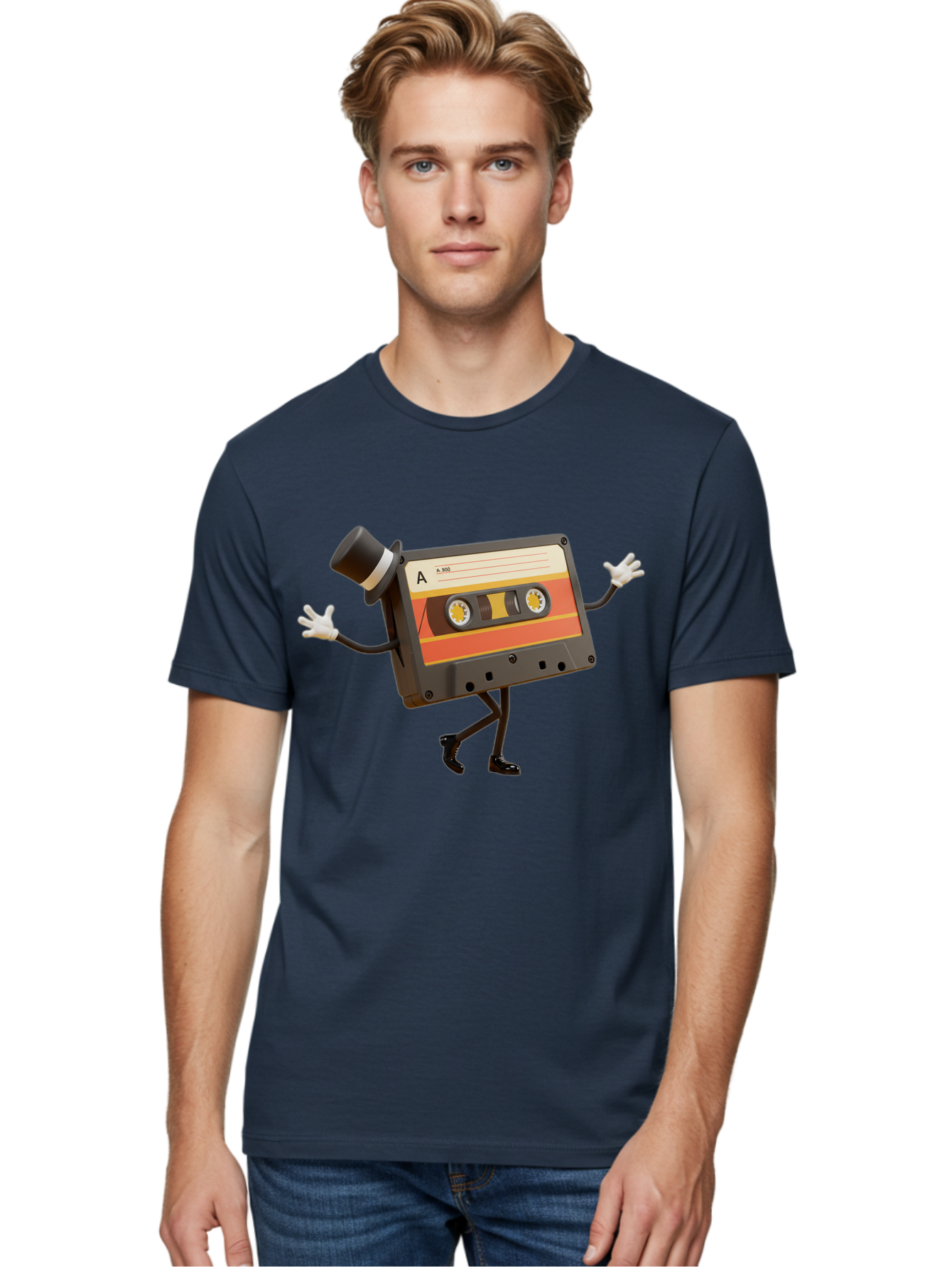 Cassette-Tape Men'S Graphic Tee, 100% Cotton, Comfortable Casual Summer Wear, Machine Washable, Retro Cassette Tape, Anthropomorphic Design, Top Hat, Gloves, Stick Figure Legs, Vintage Audio, Nostalgic Charm, Playful Illustration, Baa274