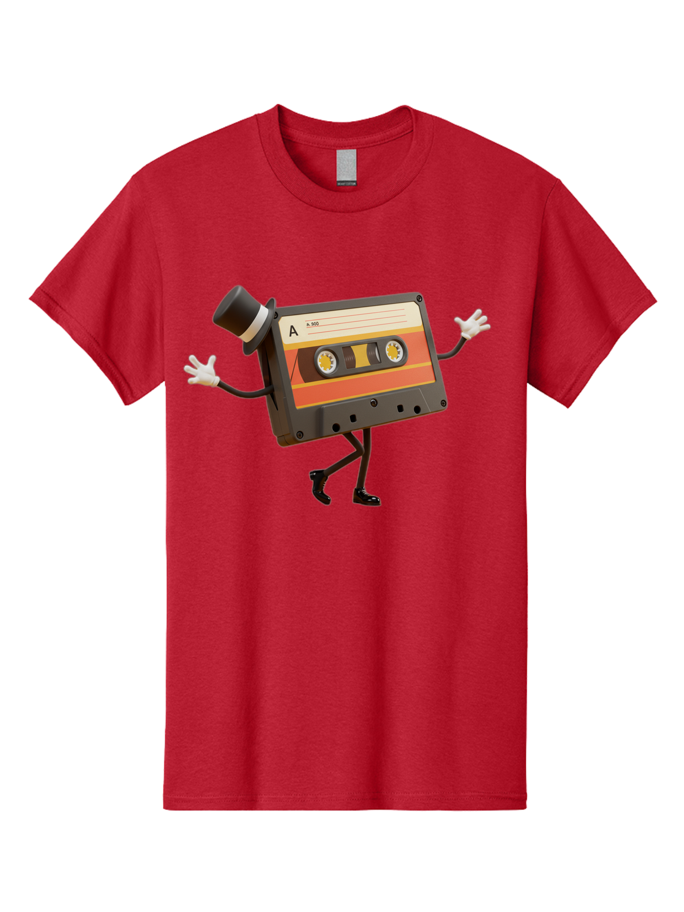 Cassette-Tape Men'S Graphic Tee, 100% Cotton, Comfortable Casual Summer Wear, Machine Washable, Retro Cassette Tape, Anthropomorphic Design, Top Hat, Gloves, Stick Figure Legs, Vintage Audio, Nostalgic Charm, Playful Illustration, Baa274