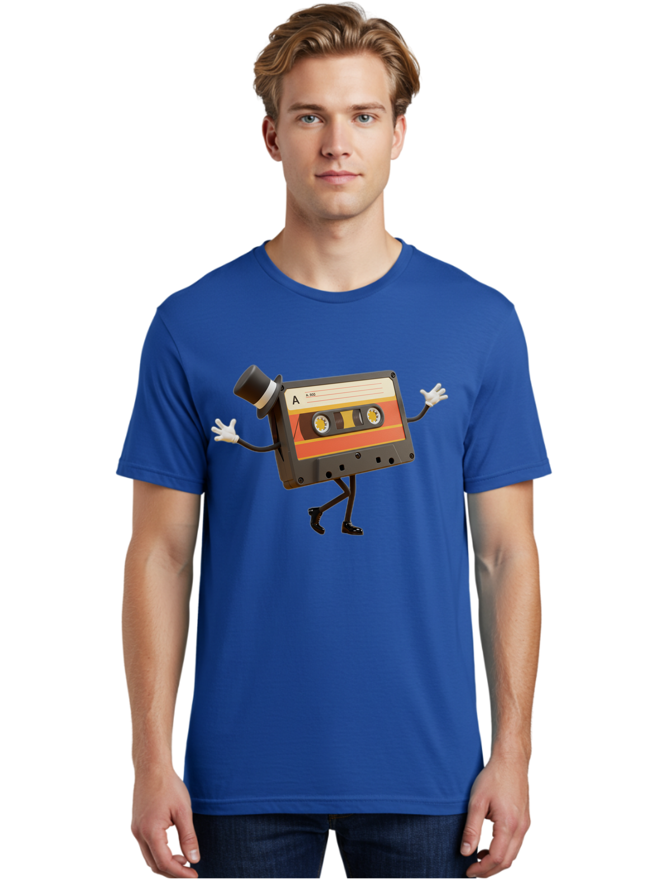 Cassette-Tape Men'S Graphic Tee, 100% Cotton, Comfortable Casual Summer Wear, Machine Washable, Retro Cassette Tape, Anthropomorphic Design, Top Hat, Gloves, Stick Figure Legs, Vintage Audio, Nostalgic Charm, Playful Illustration, Baa274