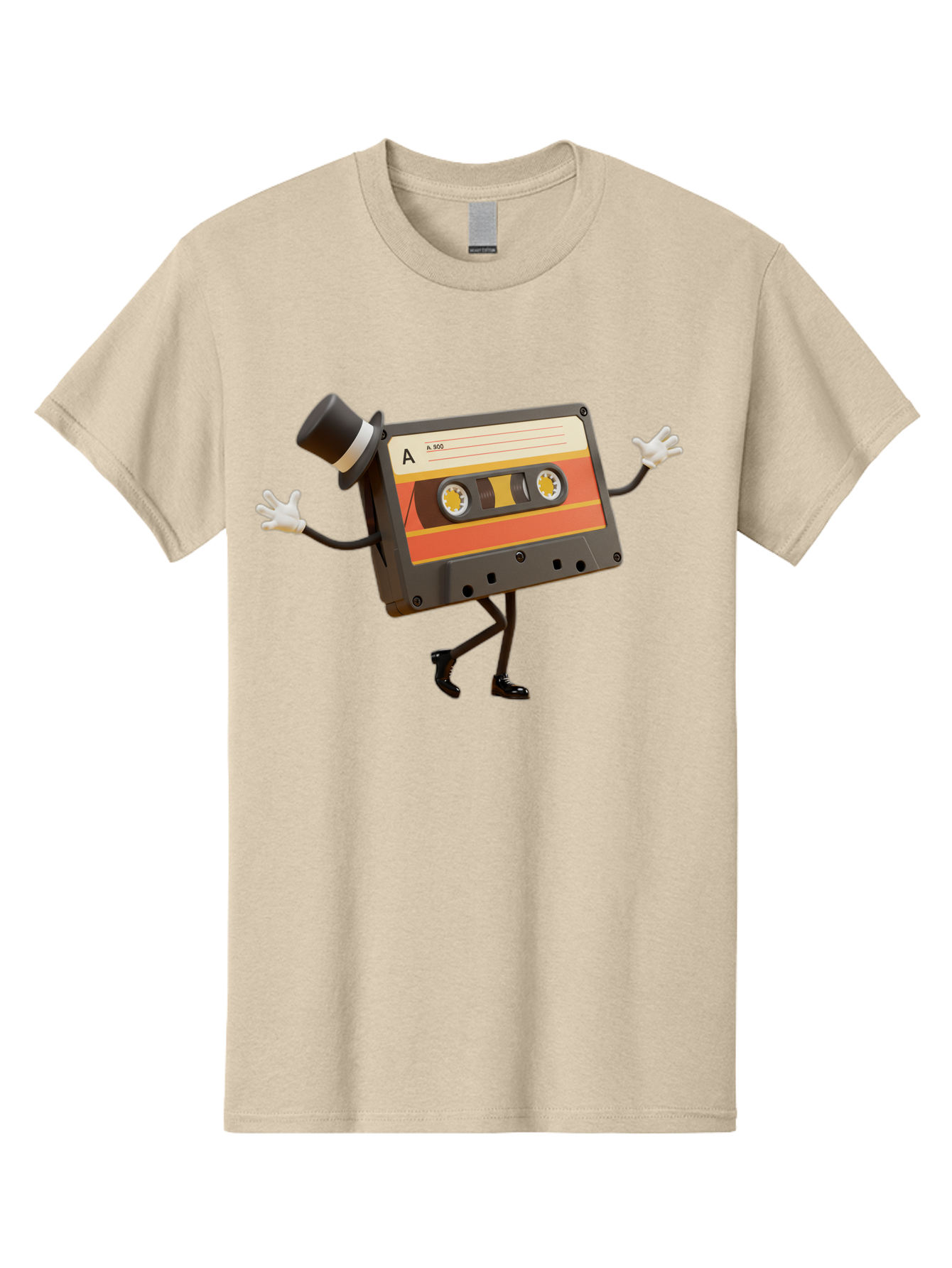 Cassette-Tape Men'S Graphic Tee, 100% Cotton, Comfortable Casual Summer Wear, Machine Washable, Retro Cassette Tape, Anthropomorphic Design, Top Hat, Gloves, Stick Figure Legs, Vintage Audio, Nostalgic Charm, Playful Illustration, Baa274