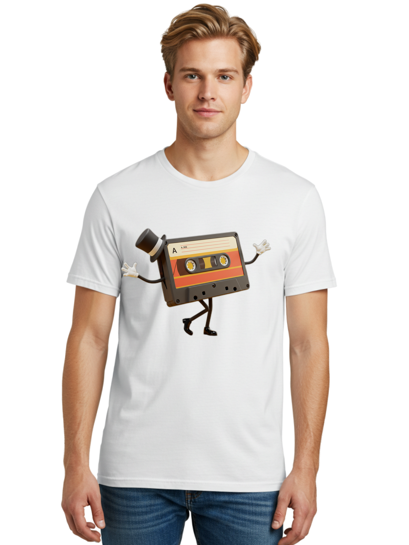 Cassette-Tape Men'S Graphic Tee, 100% Cotton, Comfortable Casual Summer Wear, Machine Washable, Retro Cassette Tape, Anthropomorphic Design, Top Hat, Gloves, Stick Figure Legs, Vintage Audio, Nostalgic Charm, Playful Illustration, Baa274