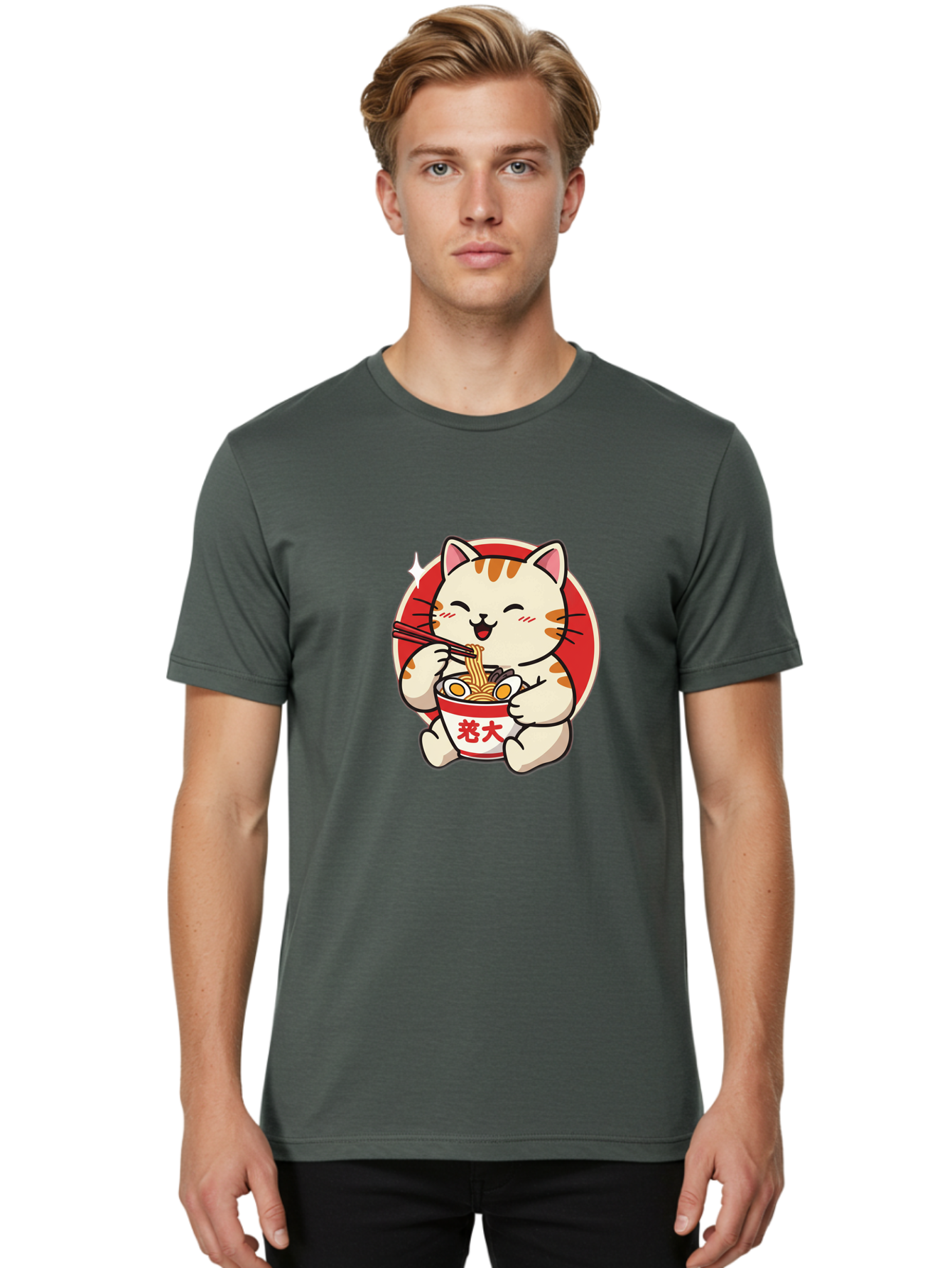 Cat-Eating-Ramen Men'S Graphic Tee, 100% Cotton, Comfortable Casual Summer Wear, Machine Washable, Cute Kitten Eating Ramen, Cartoon Cat With Chopsticks, Adorable Kitty Enjoying Noodles, Kawaii Animal, Orange Tabby Cat, Bowl Of Ramen, Baa276