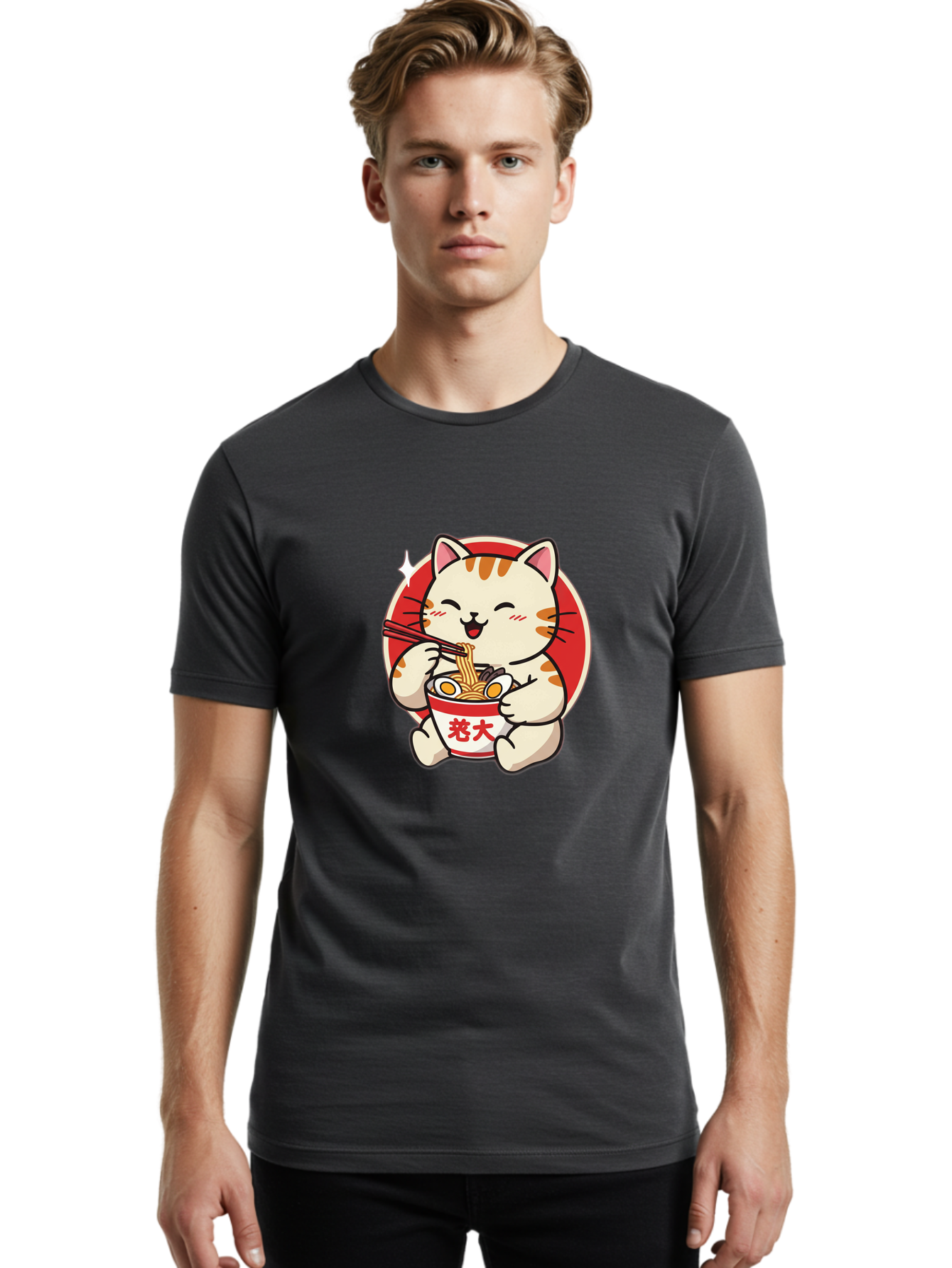 Cat-Eating-Ramen Men'S Graphic Tee, 100% Cotton, Comfortable Casual Summer Wear, Machine Washable, Cute Kitten Eating Ramen, Cartoon Cat With Chopsticks, Adorable Kitty Enjoying Noodles, Kawaii Animal, Orange Tabby Cat, Bowl Of Ramen, Baa276