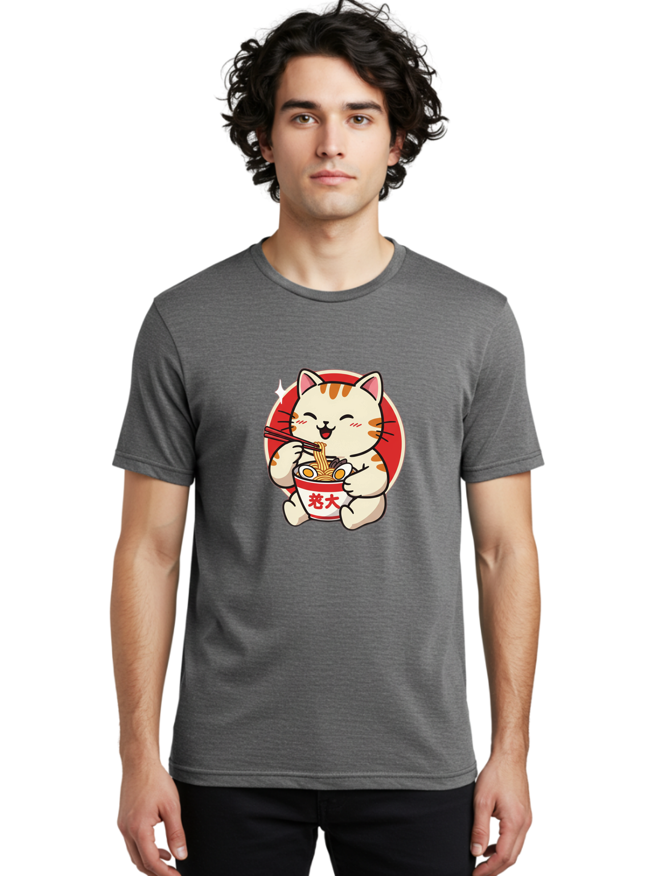 Cat-Eating-Ramen Men'S Graphic Tee, 100% Cotton, Comfortable Casual Summer Wear, Machine Washable, Cute Kitten Eating Ramen, Cartoon Cat With Chopsticks, Adorable Kitty Enjoying Noodles, Kawaii Animal, Orange Tabby Cat, Bowl Of Ramen, Baa276