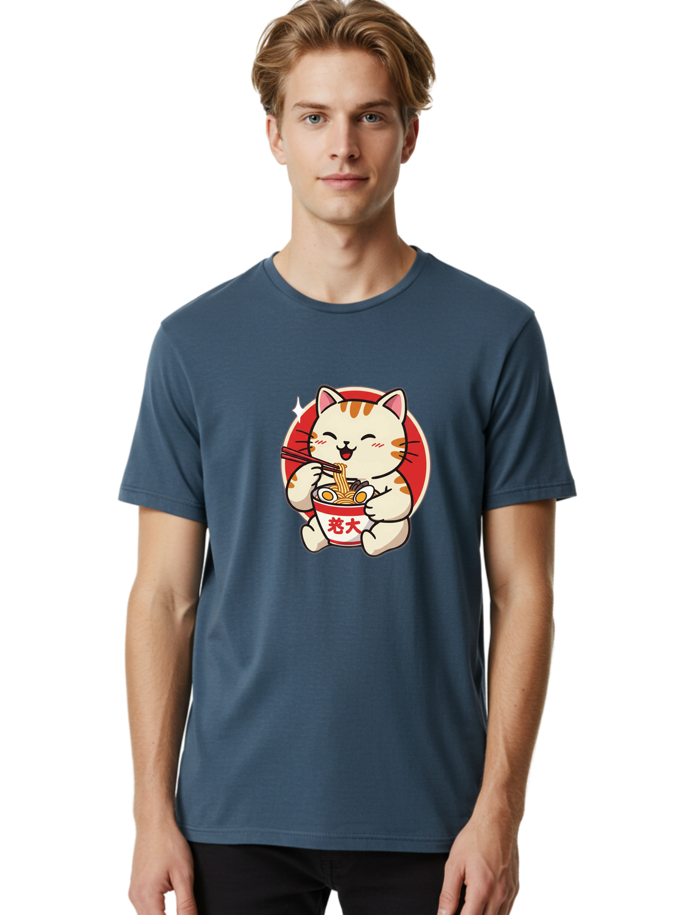 Cat-Eating-Ramen Men'S Graphic Tee, 100% Cotton, Comfortable Casual Summer Wear, Machine Washable, Cute Kitten Eating Ramen, Cartoon Cat With Chopsticks, Adorable Kitty Enjoying Noodles, Kawaii Animal, Orange Tabby Cat, Bowl Of Ramen, Baa276