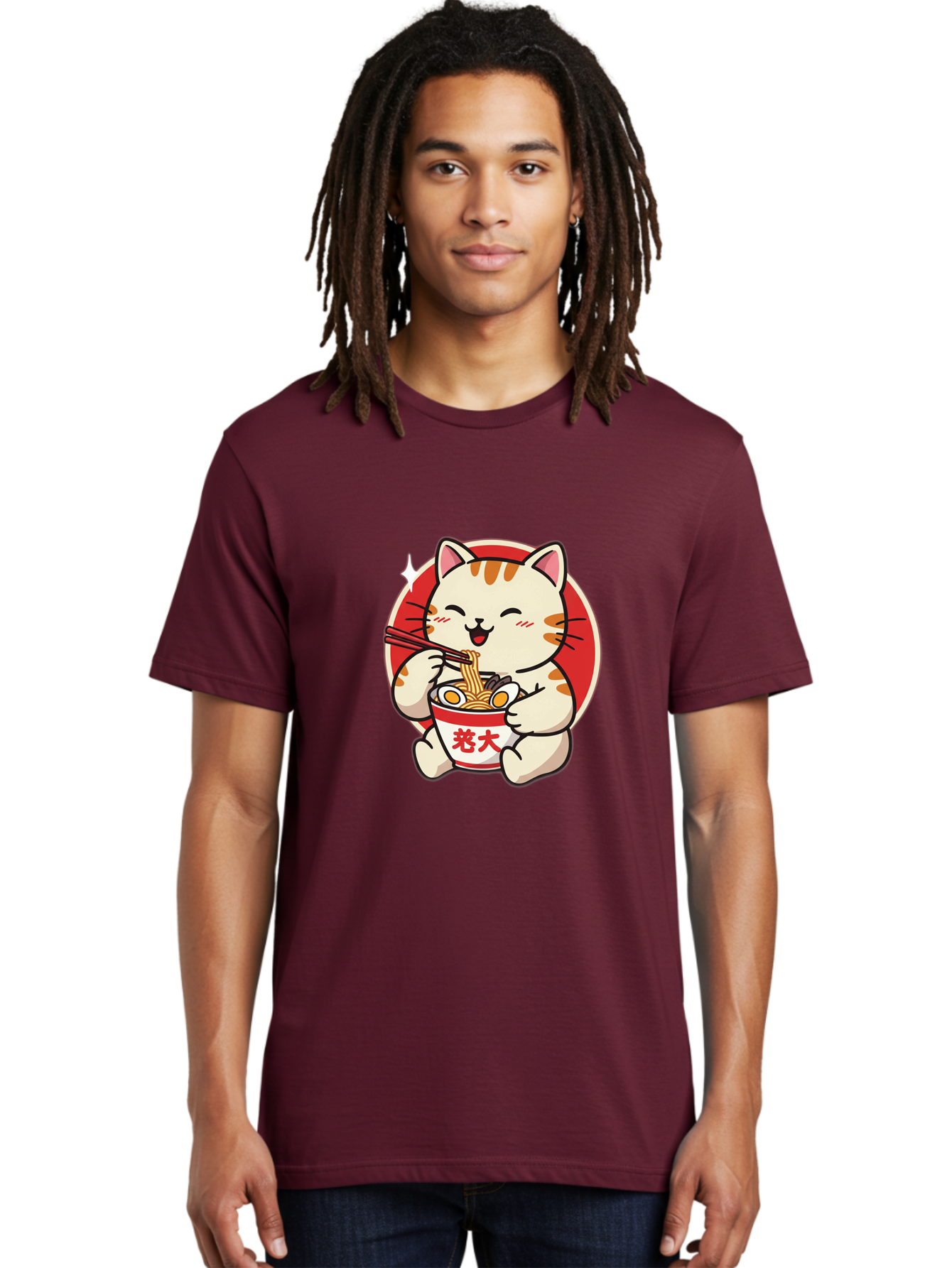 Cat-Eating-Ramen Men'S Graphic Tee, 100% Cotton, Comfortable Casual Summer Wear, Machine Washable, Cute Kitten Eating Ramen, Cartoon Cat With Chopsticks, Adorable Kitty Enjoying Noodles, Kawaii Animal, Orange Tabby Cat, Bowl Of Ramen, Baa276