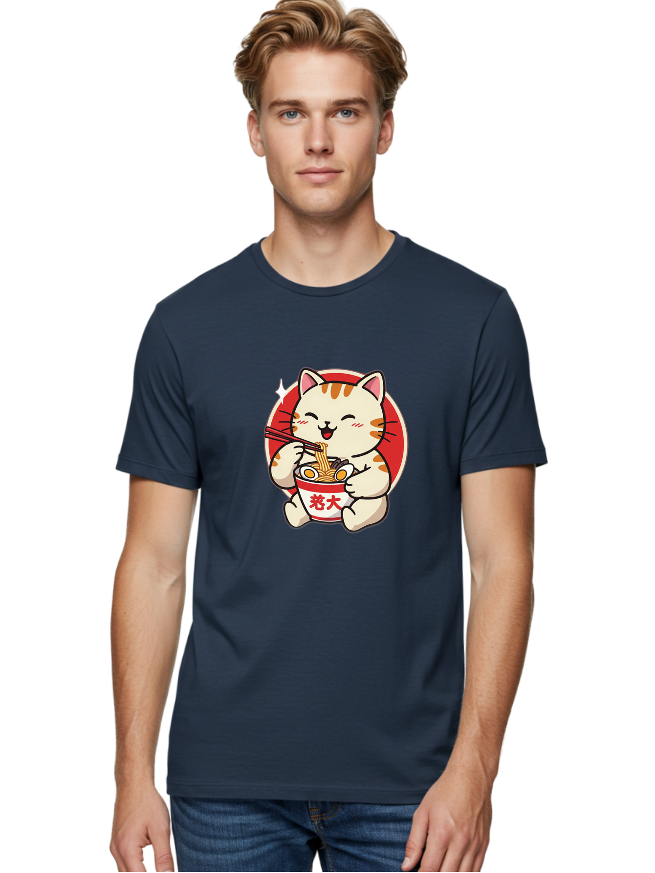 Cat-Eating-Ramen Men'S Graphic Tee, 100% Cotton, Comfortable Casual Summer Wear, Machine Washable, Cute Kitten Eating Ramen, Cartoon Cat With Chopsticks, Adorable Kitty Enjoying Noodles, Kawaii Animal, Orange Tabby Cat, Bowl Of Ramen, Baa276