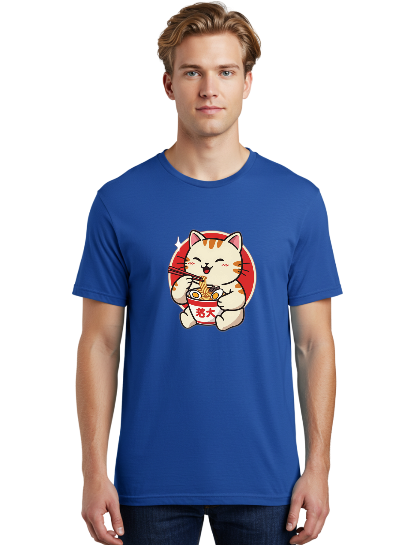 Cat-Eating-Ramen Men'S Graphic Tee, 100% Cotton, Comfortable Casual Summer Wear, Machine Washable, Cute Kitten Eating Ramen, Cartoon Cat With Chopsticks, Adorable Kitty Enjoying Noodles, Kawaii Animal, Orange Tabby Cat, Bowl Of Ramen, Baa276