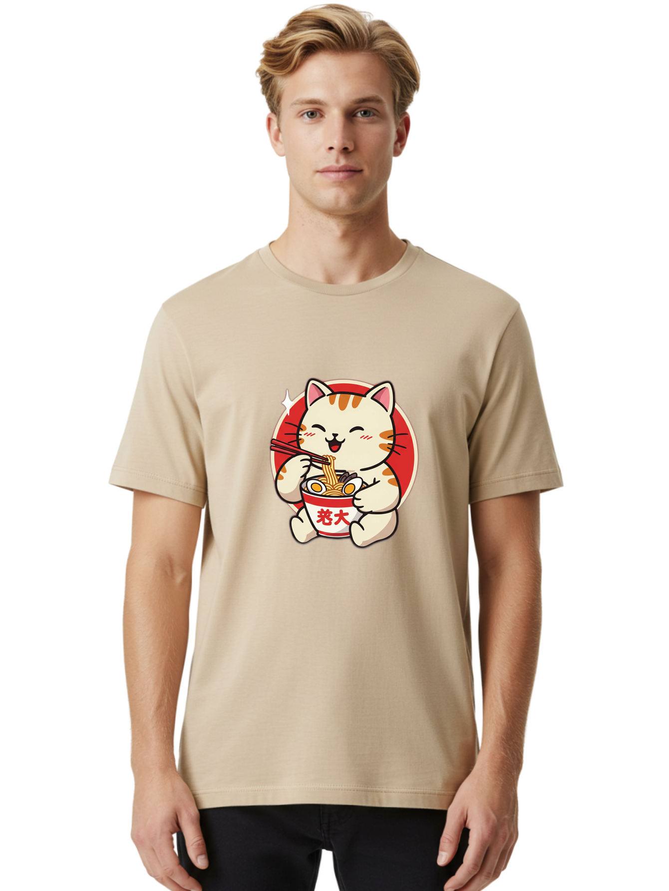 Cat-Eating-Ramen Men'S Graphic Tee, 100% Cotton, Comfortable Casual Summer Wear, Machine Washable, Cute Kitten Eating Ramen, Cartoon Cat With Chopsticks, Adorable Kitty Enjoying Noodles, Kawaii Animal, Orange Tabby Cat, Bowl Of Ramen, Baa276