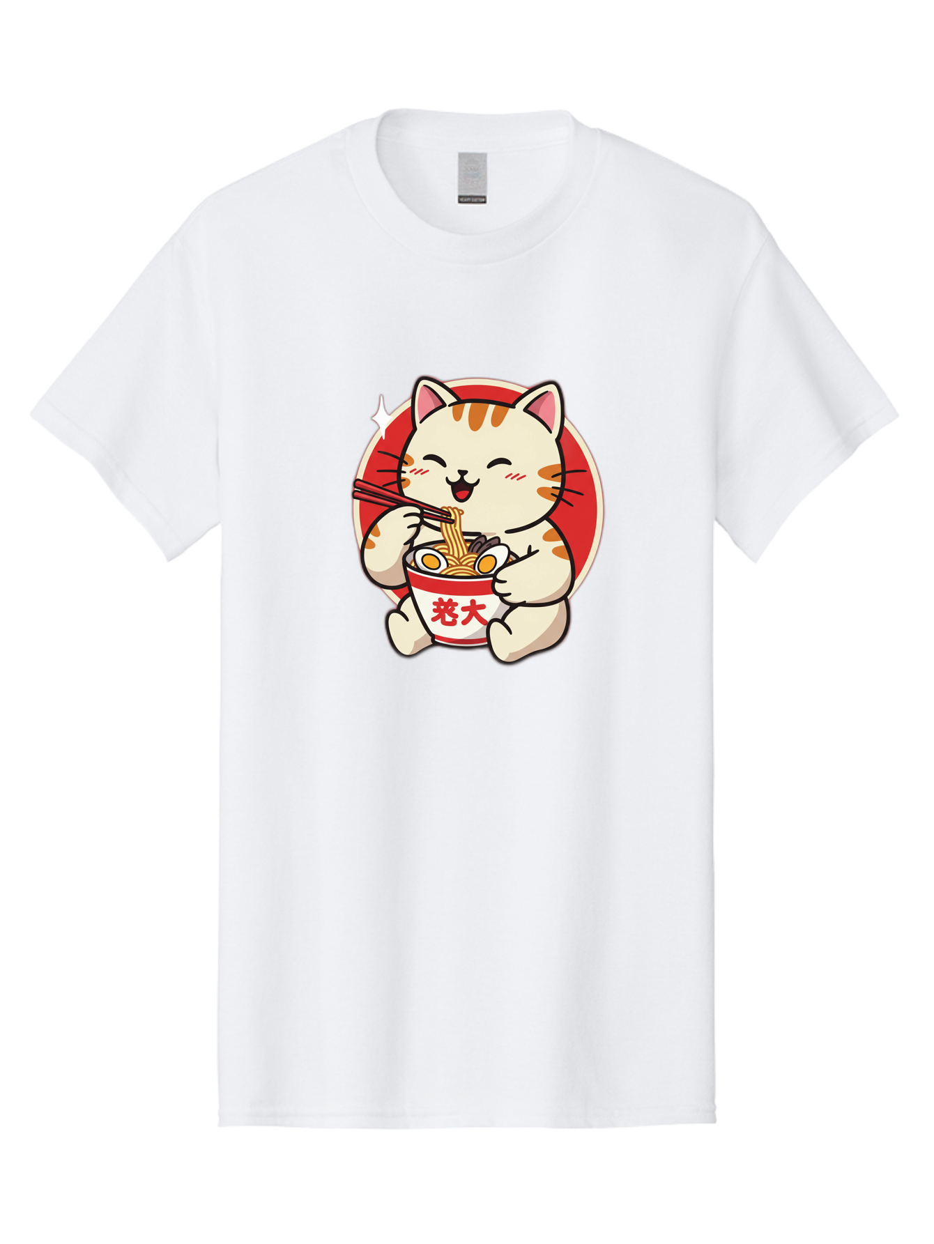 Cat-Eating-Ramen Men'S Graphic Tee, 100% Cotton, Comfortable Casual Summer Wear, Machine Washable, Cute Kitten Eating Ramen, Cartoon Cat With Chopsticks, Adorable Kitty Enjoying Noodles, Kawaii Animal, Orange Tabby Cat, Bowl Of Ramen, Baa276
