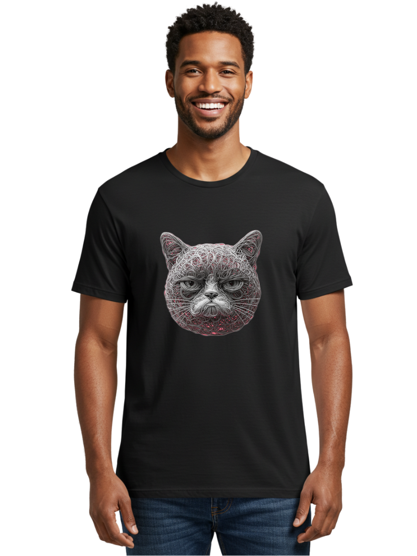 Cat-Face Men'S Graphic Tee, 100% Cotton, Comfortable Casual Summer Wear, Machine Washable, Detailed Cat Face, Intricate Line Art, Whimsical Feline Design, Bold Illustration, Expressive Cat Features, Abstract Cat Portrait, Swirling Patterns, Baa277