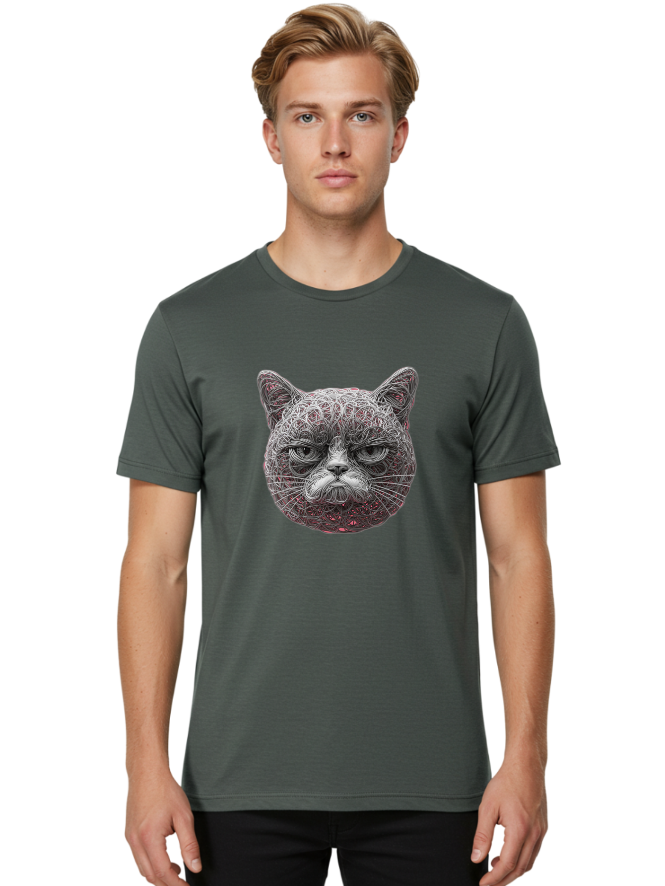 Cat-Face Men'S Graphic Tee, 100% Cotton, Comfortable Casual Summer Wear, Machine Washable, Detailed Cat Face, Intricate Line Art, Whimsical Feline Design, Bold Illustration, Expressive Cat Features, Abstract Cat Portrait, Swirling Patterns, Baa277
