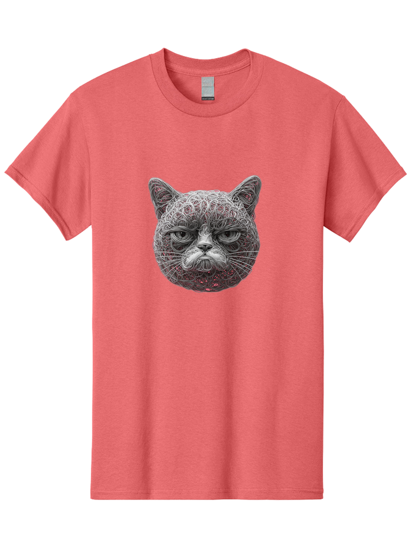 Cat-Face Men'S Graphic Tee, 100% Cotton, Comfortable Casual Summer Wear, Machine Washable, Detailed Cat Face, Intricate Line Art, Whimsical Feline Design, Bold Illustration, Expressive Cat Features, Abstract Cat Portrait, Swirling Patterns, Baa277