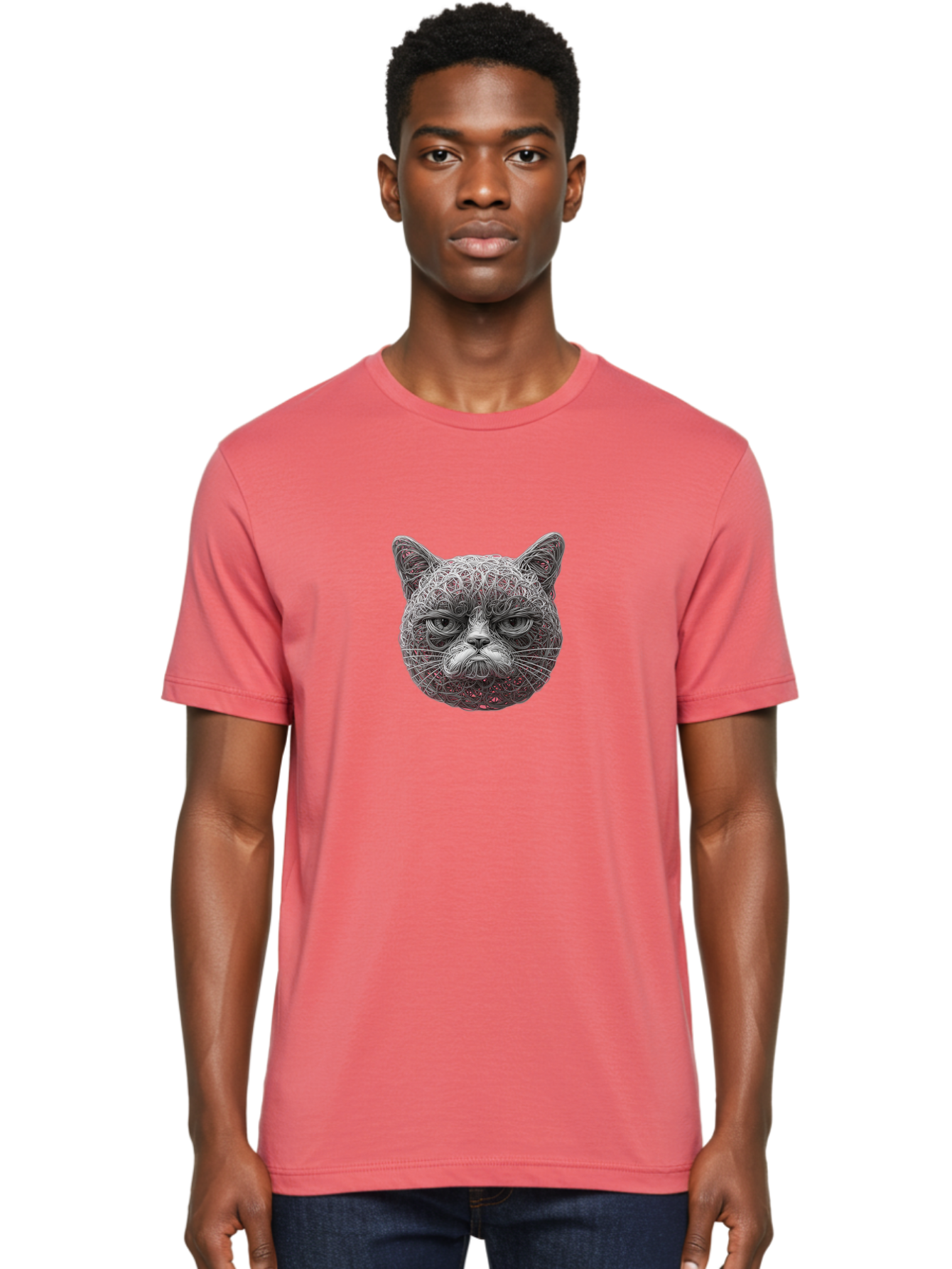 Cat-Face Men'S Graphic Tee, 100% Cotton, Comfortable Casual Summer Wear, Machine Washable, Detailed Cat Face, Intricate Line Art, Whimsical Feline Design, Bold Illustration, Expressive Cat Features, Abstract Cat Portrait, Swirling Patterns, Baa277