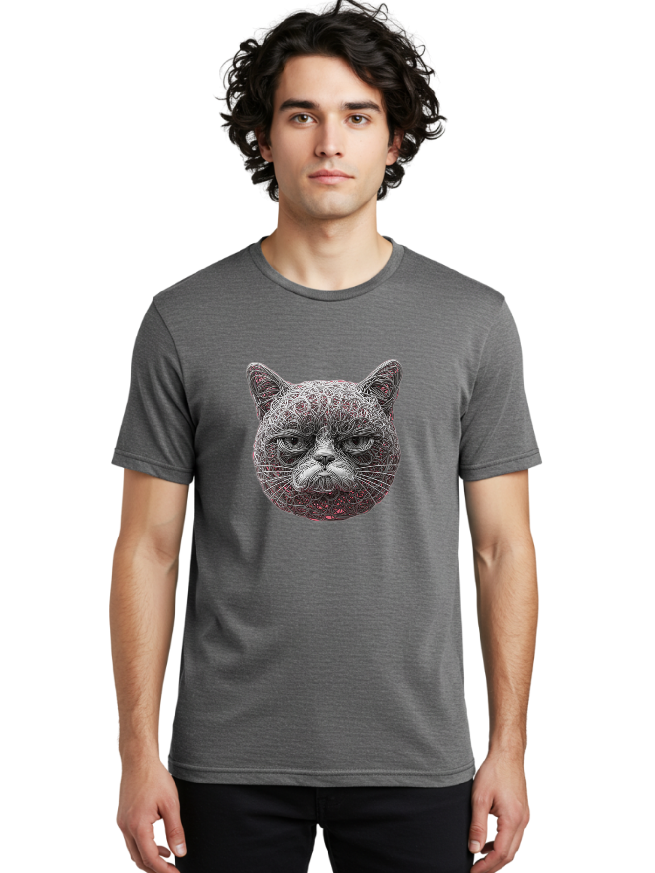 Cat-Face Men'S Graphic Tee, 100% Cotton, Comfortable Casual Summer Wear, Machine Washable, Detailed Cat Face, Intricate Line Art, Whimsical Feline Design, Bold Illustration, Expressive Cat Features, Abstract Cat Portrait, Swirling Patterns, Baa277