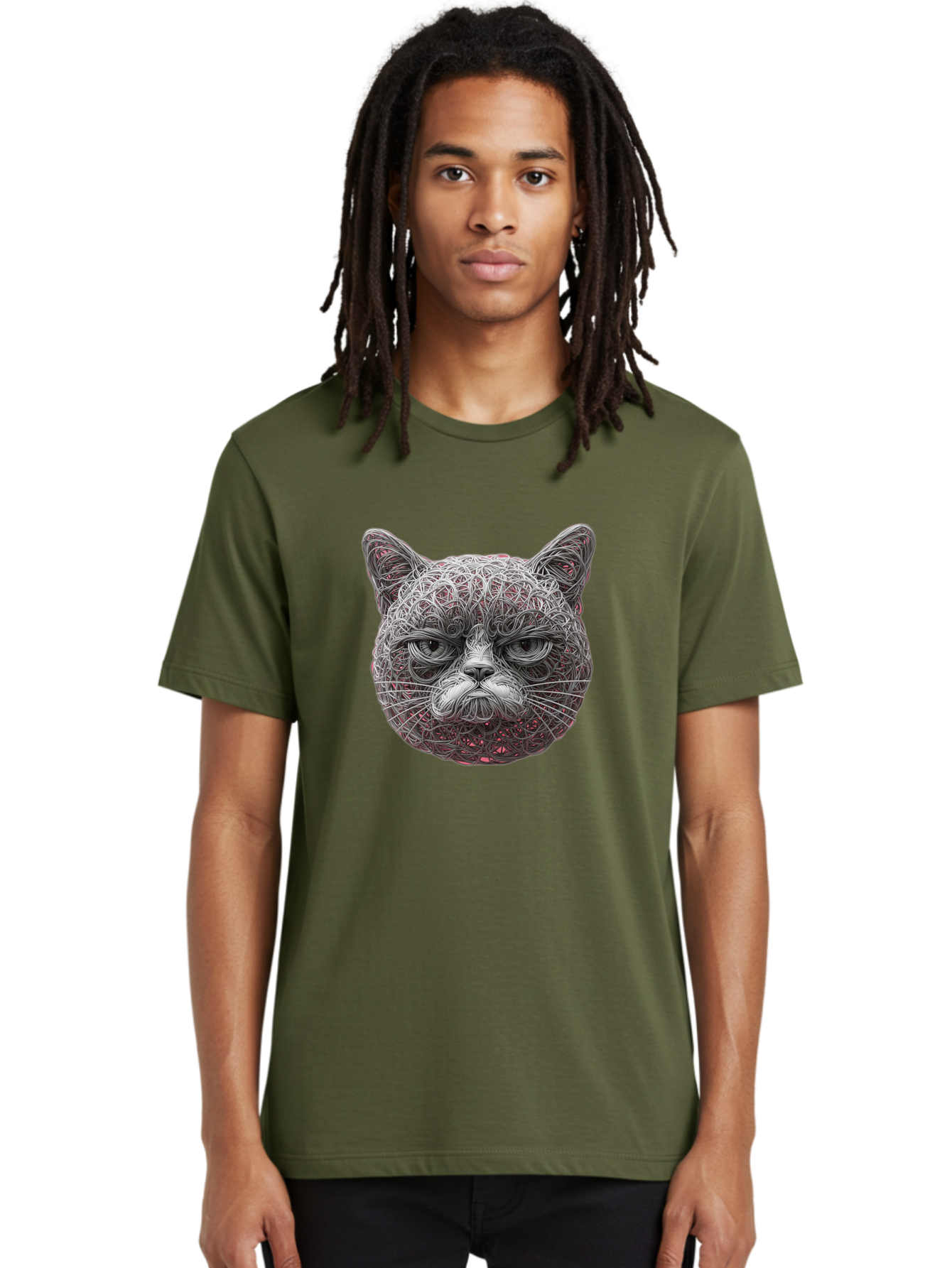 Cat-Face Men'S Graphic Tee, 100% Cotton, Comfortable Casual Summer Wear, Machine Washable, Detailed Cat Face, Intricate Line Art, Whimsical Feline Design, Bold Illustration, Expressive Cat Features, Abstract Cat Portrait, Swirling Patterns, Baa277