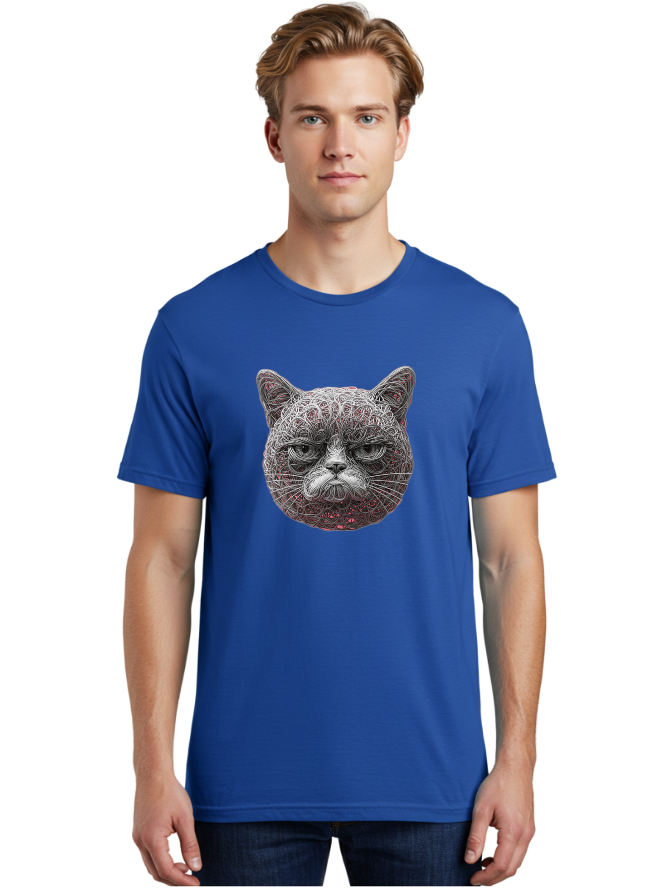 Cat-Face Men'S Graphic Tee, 100% Cotton, Comfortable Casual Summer Wear, Machine Washable, Detailed Cat Face, Intricate Line Art, Whimsical Feline Design, Bold Illustration, Expressive Cat Features, Abstract Cat Portrait, Swirling Patterns, Baa277