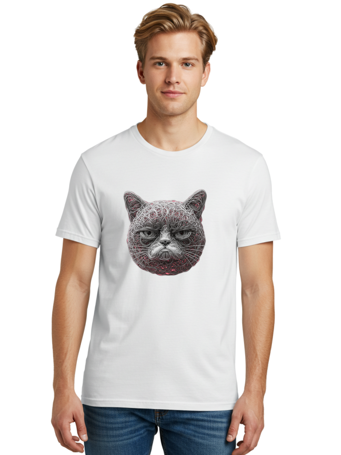 Cat-Face Men'S Graphic Tee, 100% Cotton, Comfortable Casual Summer Wear, Machine Washable, Detailed Cat Face, Intricate Line Art, Whimsical Feline Design, Bold Illustration, Expressive Cat Features, Abstract Cat Portrait, Swirling Patterns, Baa277