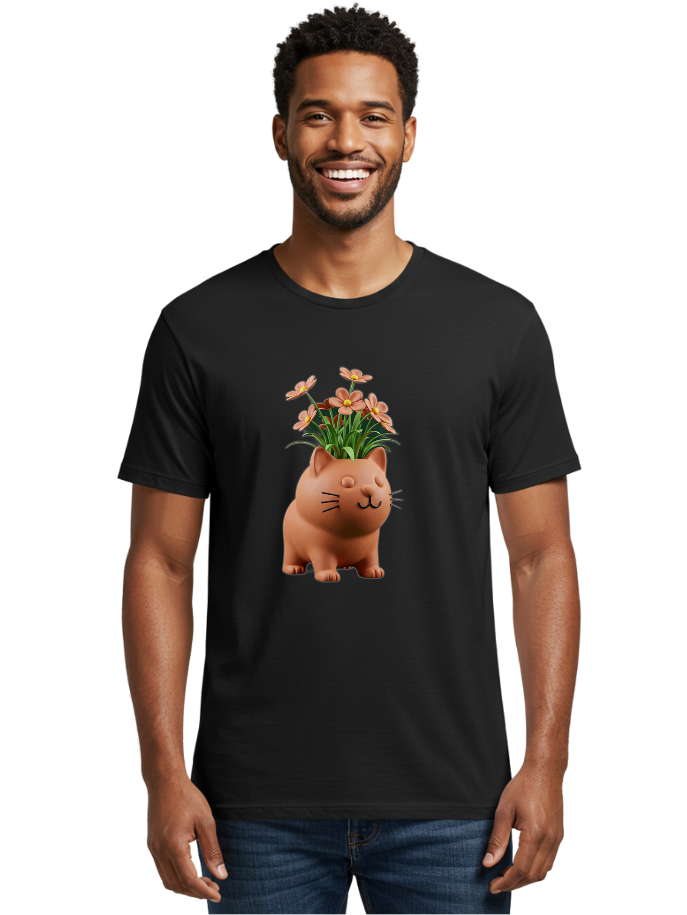 Cat-Planter Men'S Graphic Tee, 100% Cotton, Comfortable Casual Summer Wear, Machine Washable, Cat Planter, Flower Pot, Pink Flowers, Cute Cat Design, Home Decor, Garden Decor, Whimsical Planter, Adorable Cat Baa278