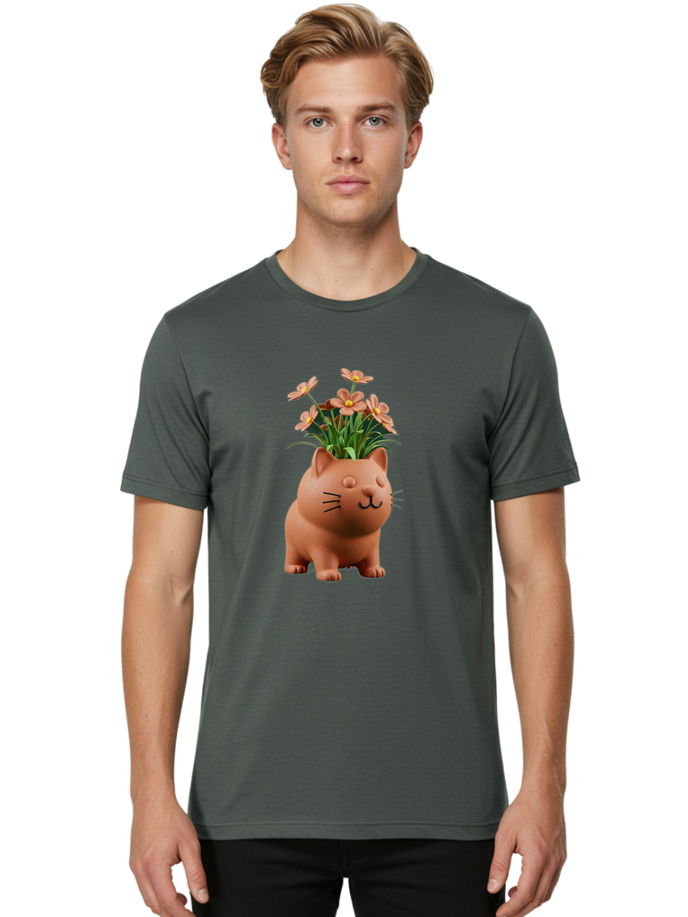 Cat-Planter Men'S Graphic Tee, 100% Cotton, Comfortable Casual Summer Wear, Machine Washable, Cat Planter, Flower Pot, Pink Flowers, Cute Cat Design, Home Decor, Garden Decor, Whimsical Planter, Adorable Cat Baa278