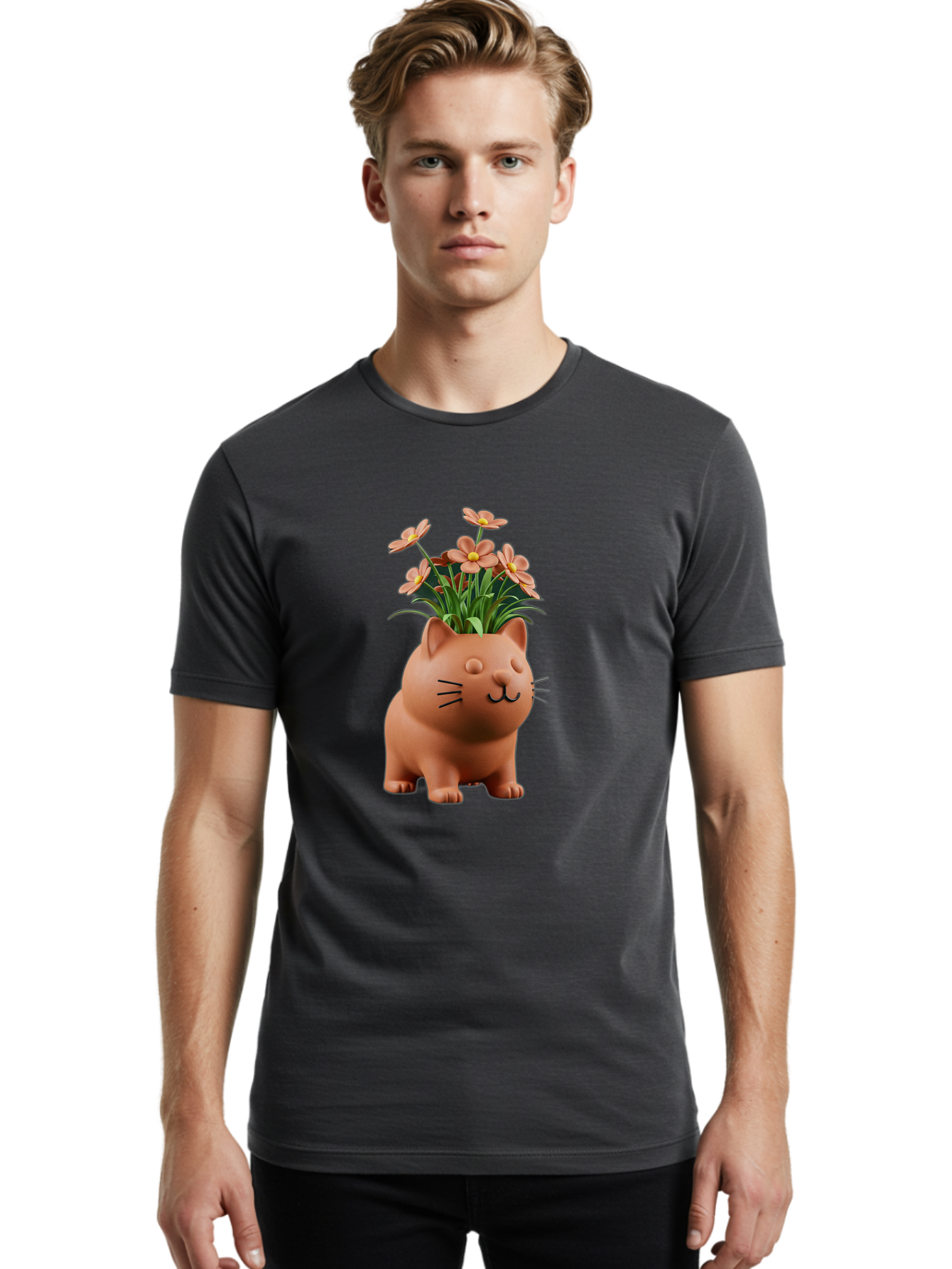 Cat-Planter Men'S Graphic Tee, 100% Cotton, Comfortable Casual Summer Wear, Machine Washable, Cat Planter, Flower Pot, Pink Flowers, Cute Cat Design, Home Decor, Garden Decor, Whimsical Planter, Adorable Cat Baa278