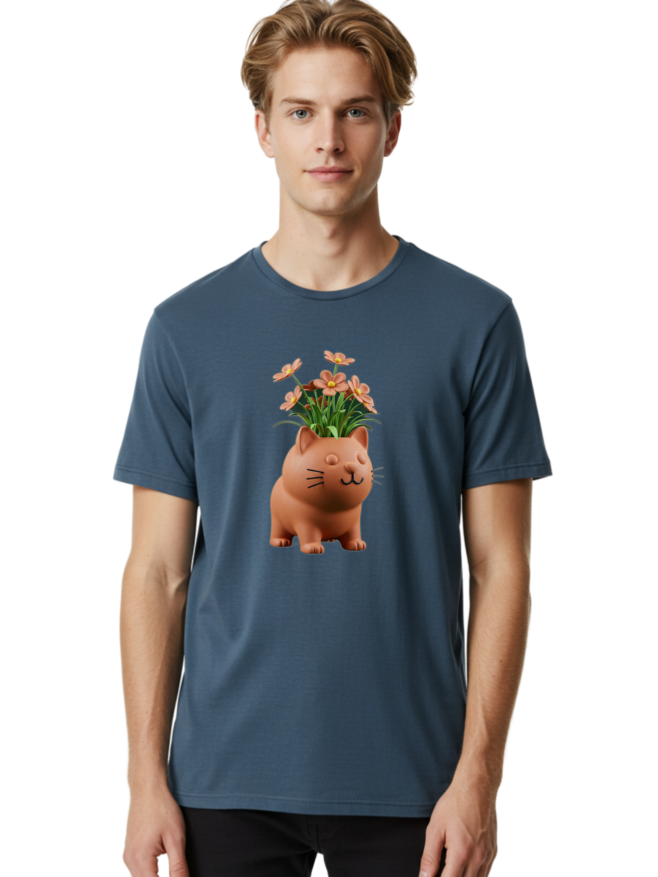 Cat-Planter Men'S Graphic Tee, 100% Cotton, Comfortable Casual Summer Wear, Machine Washable, Cat Planter, Flower Pot, Pink Flowers, Cute Cat Design, Home Decor, Garden Decor, Whimsical Planter, Adorable Cat Baa278