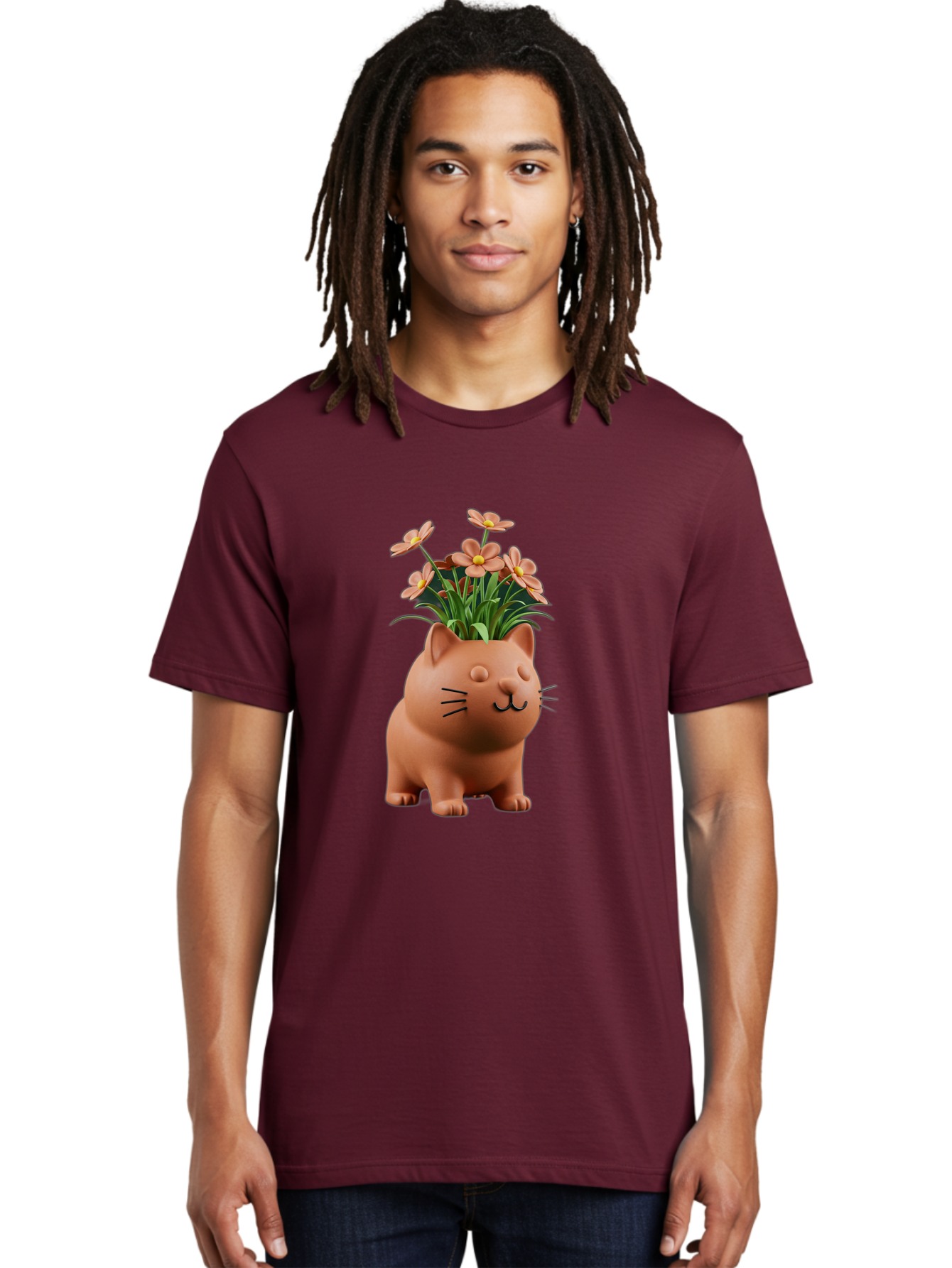 Cat-Planter Men'S Graphic Tee, 100% Cotton, Comfortable Casual Summer Wear, Machine Washable, Cat Planter, Flower Pot, Pink Flowers, Cute Cat Design, Home Decor, Garden Decor, Whimsical Planter, Adorable Cat Baa278