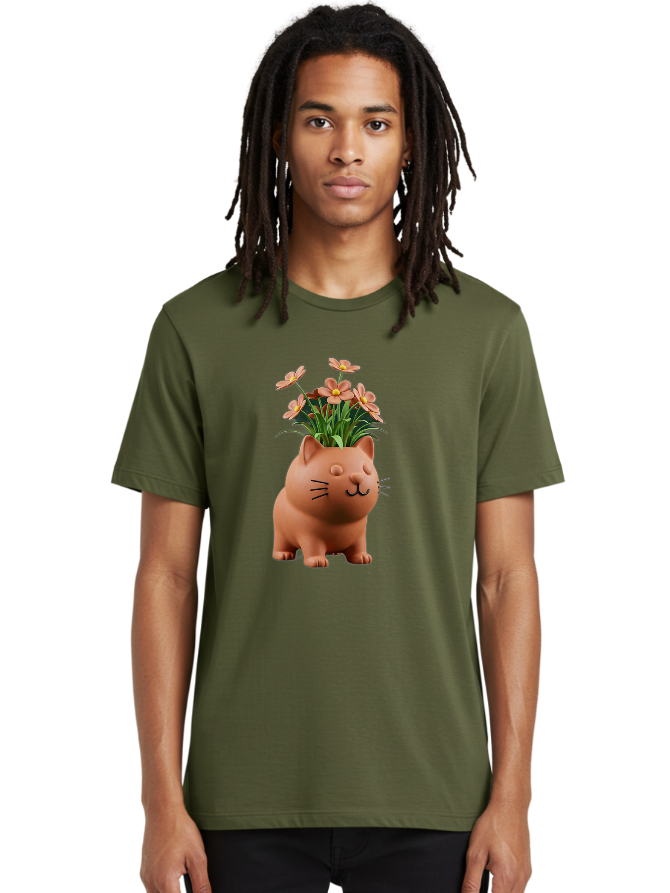 Cat-Planter Men'S Graphic Tee, 100% Cotton, Comfortable Casual Summer Wear, Machine Washable, Cat Planter, Flower Pot, Pink Flowers, Cute Cat Design, Home Decor, Garden Decor, Whimsical Planter, Adorable Cat Baa278