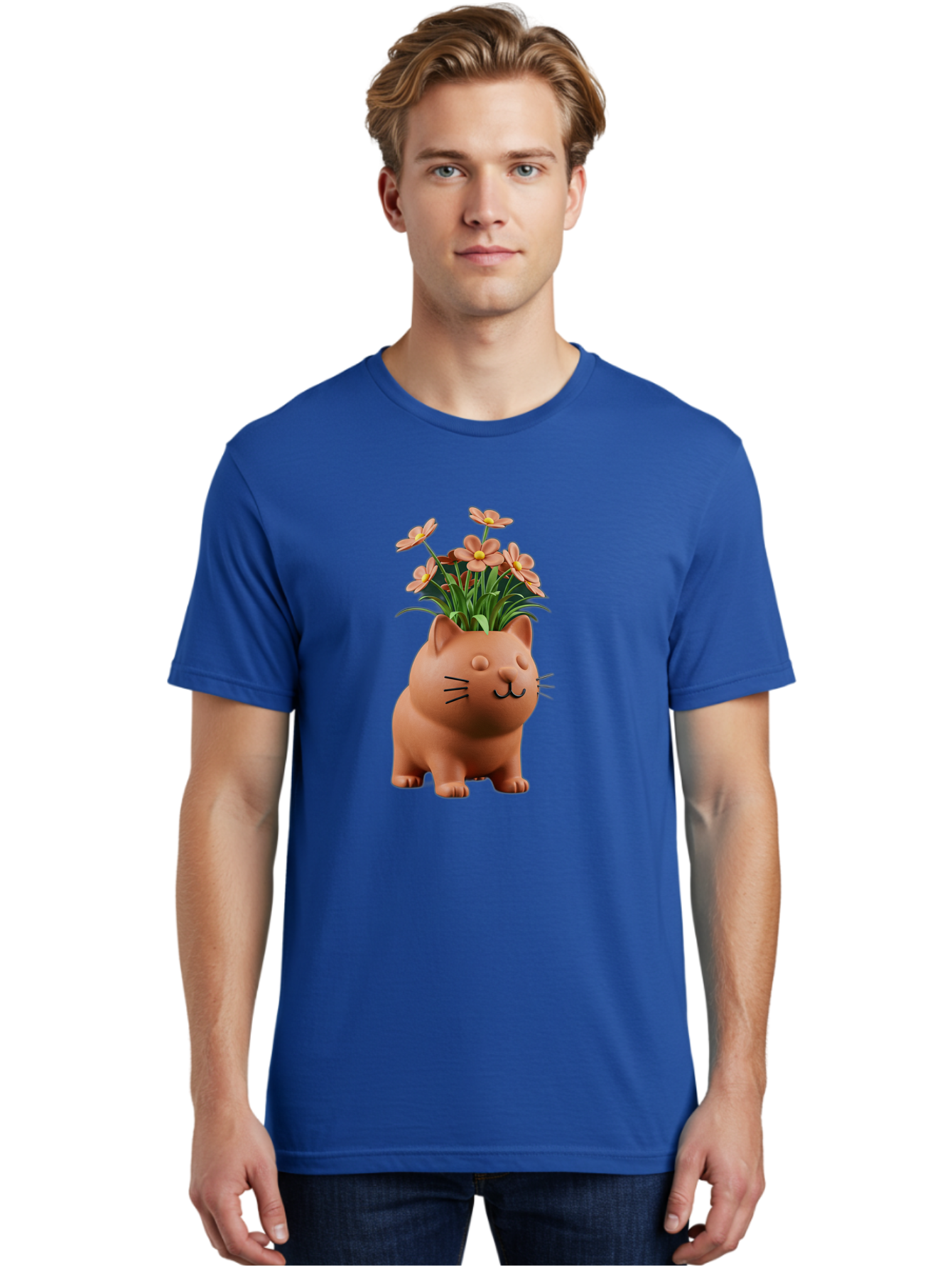 Cat-Planter Men'S Graphic Tee, 100% Cotton, Comfortable Casual Summer Wear, Machine Washable, Cat Planter, Flower Pot, Pink Flowers, Cute Cat Design, Home Decor, Garden Decor, Whimsical Planter, Adorable Cat Baa278