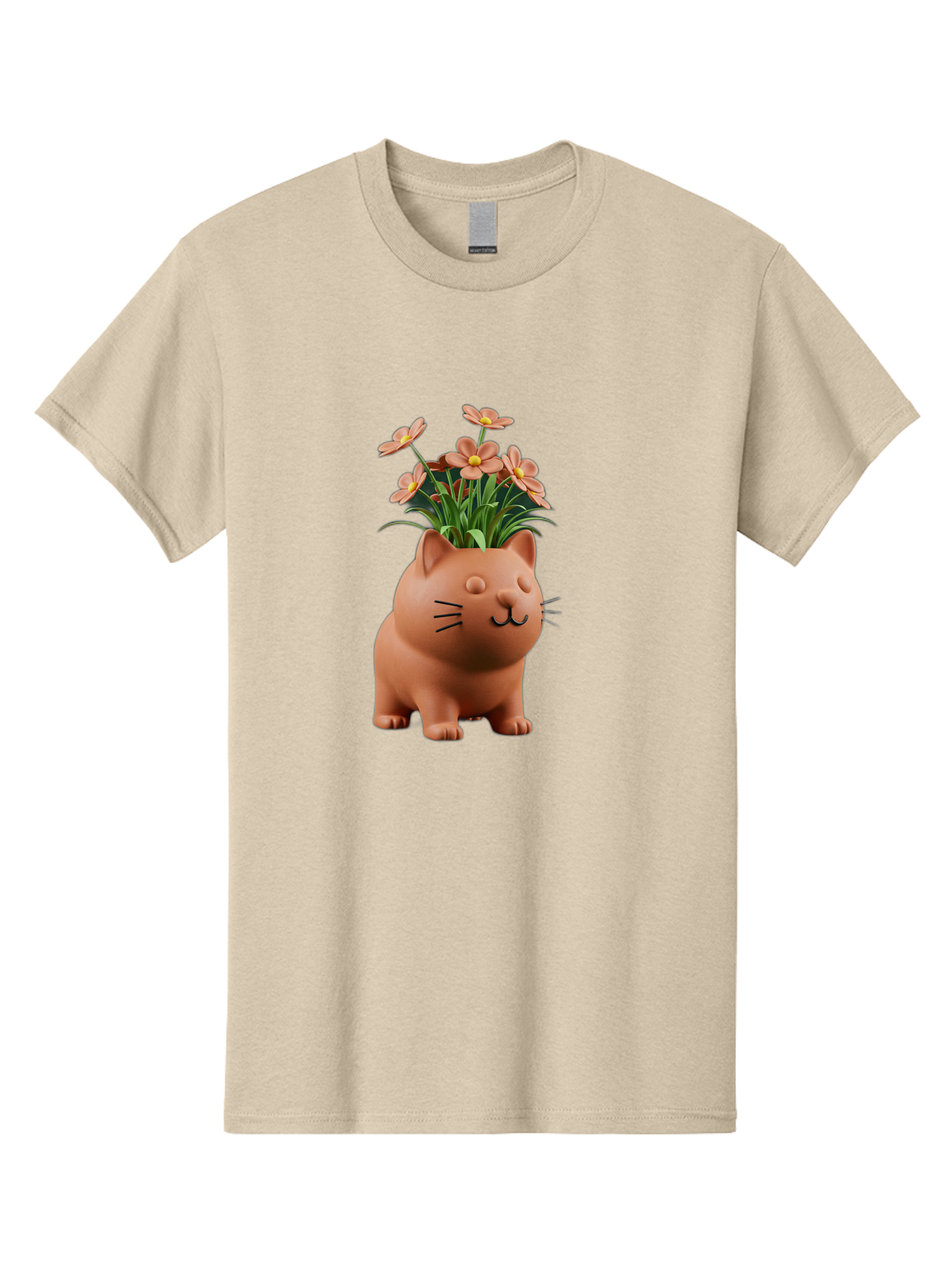 Cat-Planter Men'S Graphic Tee, 100% Cotton, Comfortable Casual Summer Wear, Machine Washable, Cat Planter, Flower Pot, Pink Flowers, Cute Cat Design, Home Decor, Garden Decor, Whimsical Planter, Adorable Cat Baa278