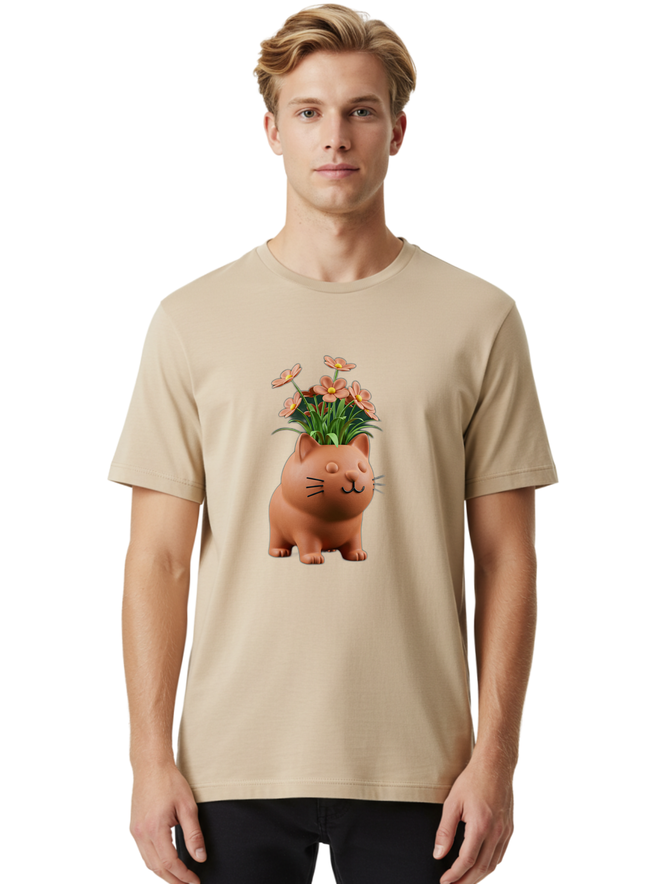 Cat-Planter Men'S Graphic Tee, 100% Cotton, Comfortable Casual Summer Wear, Machine Washable, Cat Planter, Flower Pot, Pink Flowers, Cute Cat Design, Home Decor, Garden Decor, Whimsical Planter, Adorable Cat Baa278