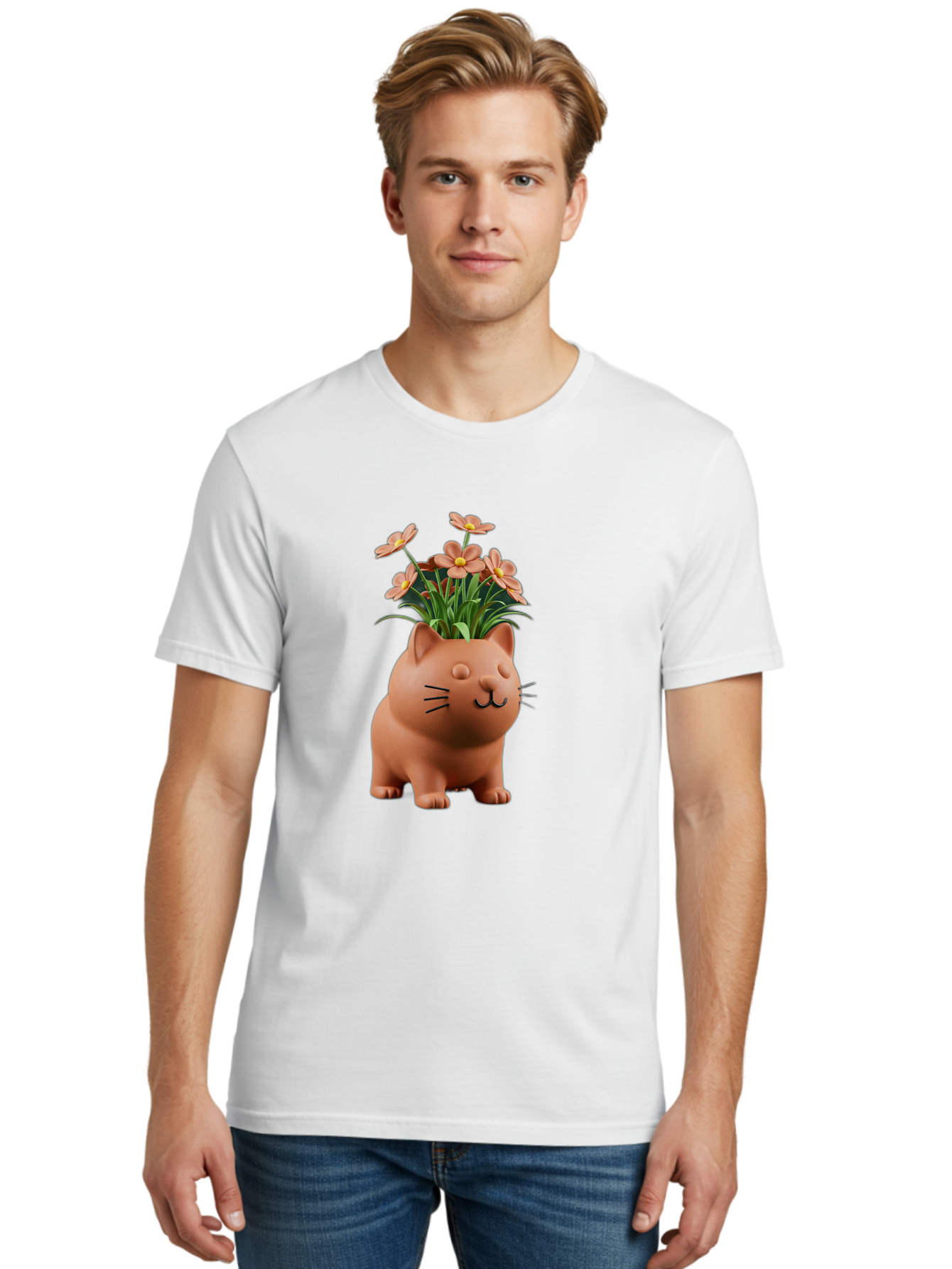 Cat-Planter Men'S Graphic Tee, 100% Cotton, Comfortable Casual Summer Wear, Machine Washable, Cat Planter, Flower Pot, Pink Flowers, Cute Cat Design, Home Decor, Garden Decor, Whimsical Planter, Adorable Cat Baa278