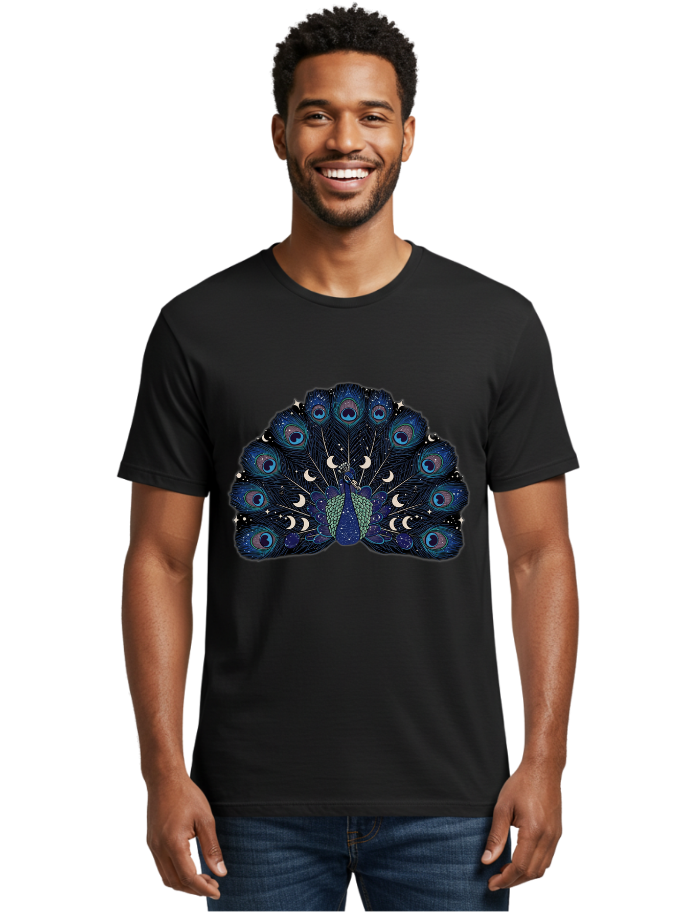 Celestial-Peacock Men'S Graphic Tee, 100% Cotton, Comfortable Casual Summer Wear, Machine Washable, Peacock, Moon Phases, Celestial, Night Sky, Stars, Crescent Moons, Blue Feathers, Eye-Catching, Vibrant, Lunar Cycle, Mystical, Night, Magic Baa280