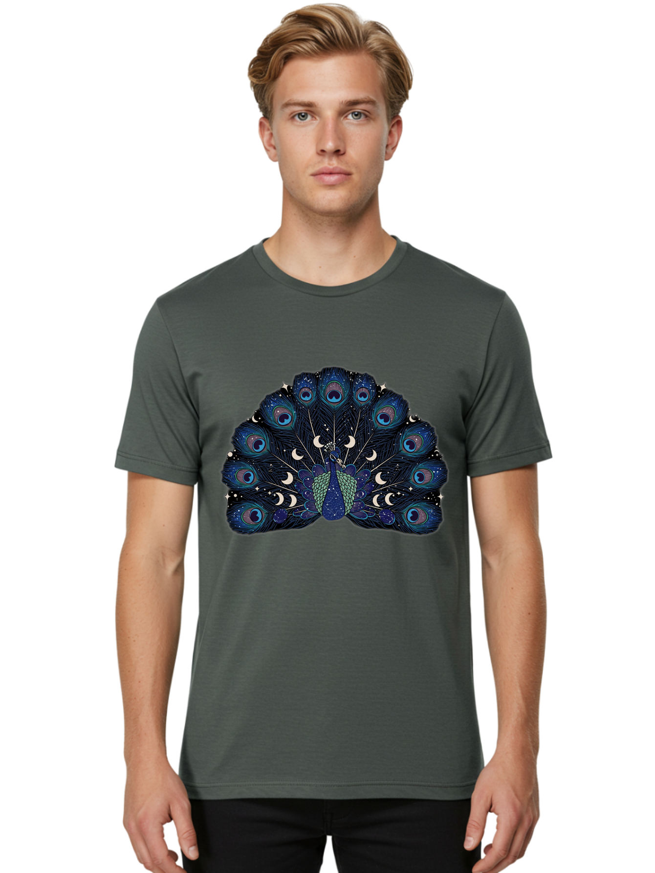 Celestial-Peacock Men'S Graphic Tee, 100% Cotton, Comfortable Casual Summer Wear, Machine Washable, Peacock, Moon Phases, Celestial, Night Sky, Stars, Crescent Moons, Blue Feathers, Eye-Catching, Vibrant, Lunar Cycle, Mystical, Night, Magic Baa280