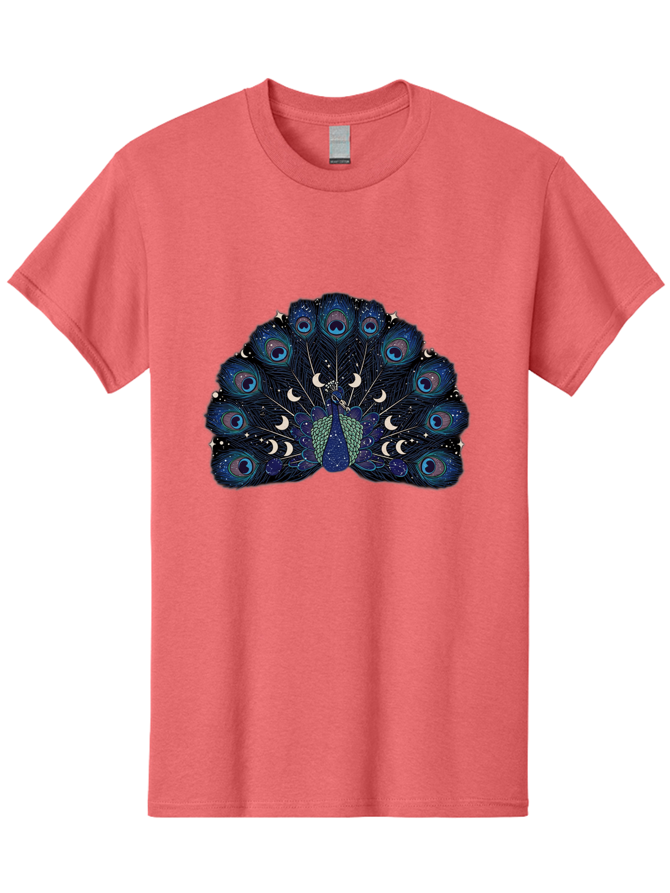 Celestial-Peacock Men'S Graphic Tee, 100% Cotton, Comfortable Casual Summer Wear, Machine Washable, Peacock, Moon Phases, Celestial, Night Sky, Stars, Crescent Moons, Blue Feathers, Eye-Catching, Vibrant, Lunar Cycle, Mystical, Night, Magic Baa280