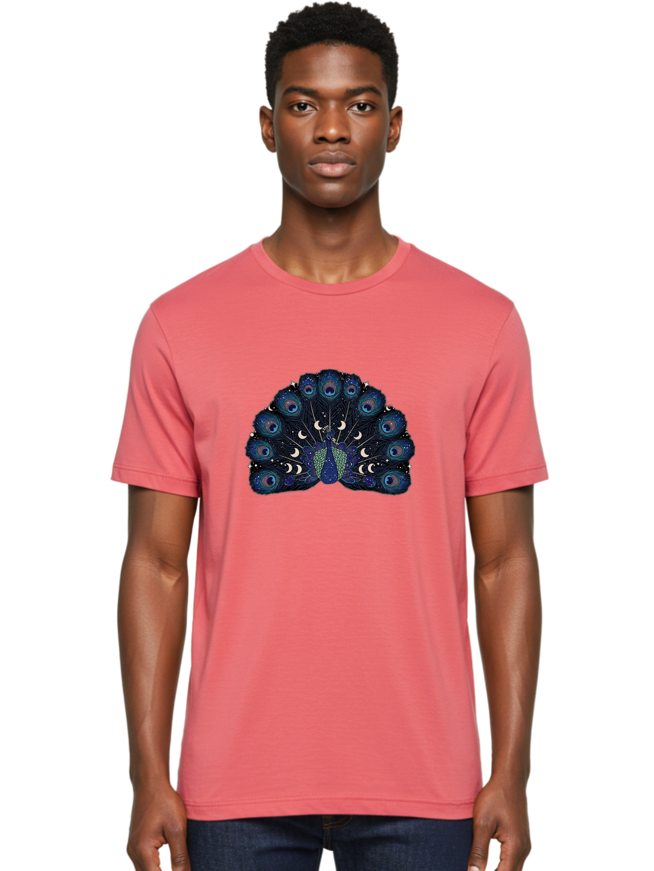 Celestial-Peacock Men'S Graphic Tee, 100% Cotton, Comfortable Casual Summer Wear, Machine Washable, Peacock, Moon Phases, Celestial, Night Sky, Stars, Crescent Moons, Blue Feathers, Eye-Catching, Vibrant, Lunar Cycle, Mystical, Night, Magic Baa280