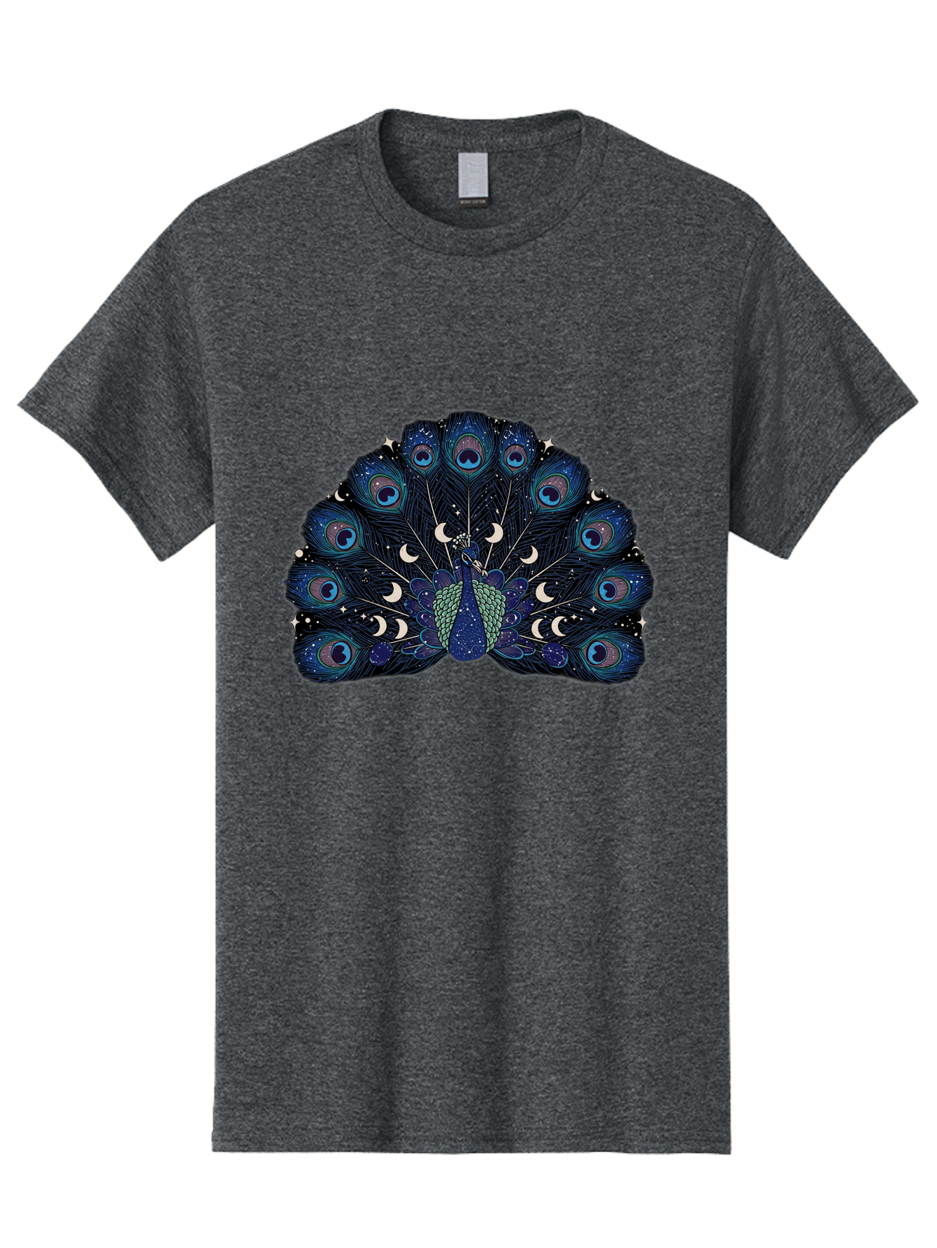Celestial-Peacock Men'S Graphic Tee, 100% Cotton, Comfortable Casual Summer Wear, Machine Washable, Peacock, Moon Phases, Celestial, Night Sky, Stars, Crescent Moons, Blue Feathers, Eye-Catching, Vibrant, Lunar Cycle, Mystical, Night, Magic Baa280