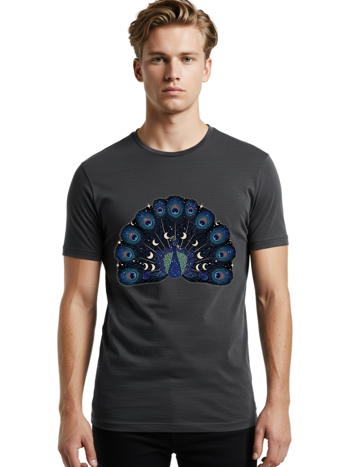 Celestial-Peacock Men'S Graphic Tee, 100% Cotton, Comfortable Casual Summer Wear, Machine Washable, Peacock, Moon Phases, Celestial, Night Sky, Stars, Crescent Moons, Blue Feathers, Eye-Catching, Vibrant, Lunar Cycle, Mystical, Night, Magic Baa280