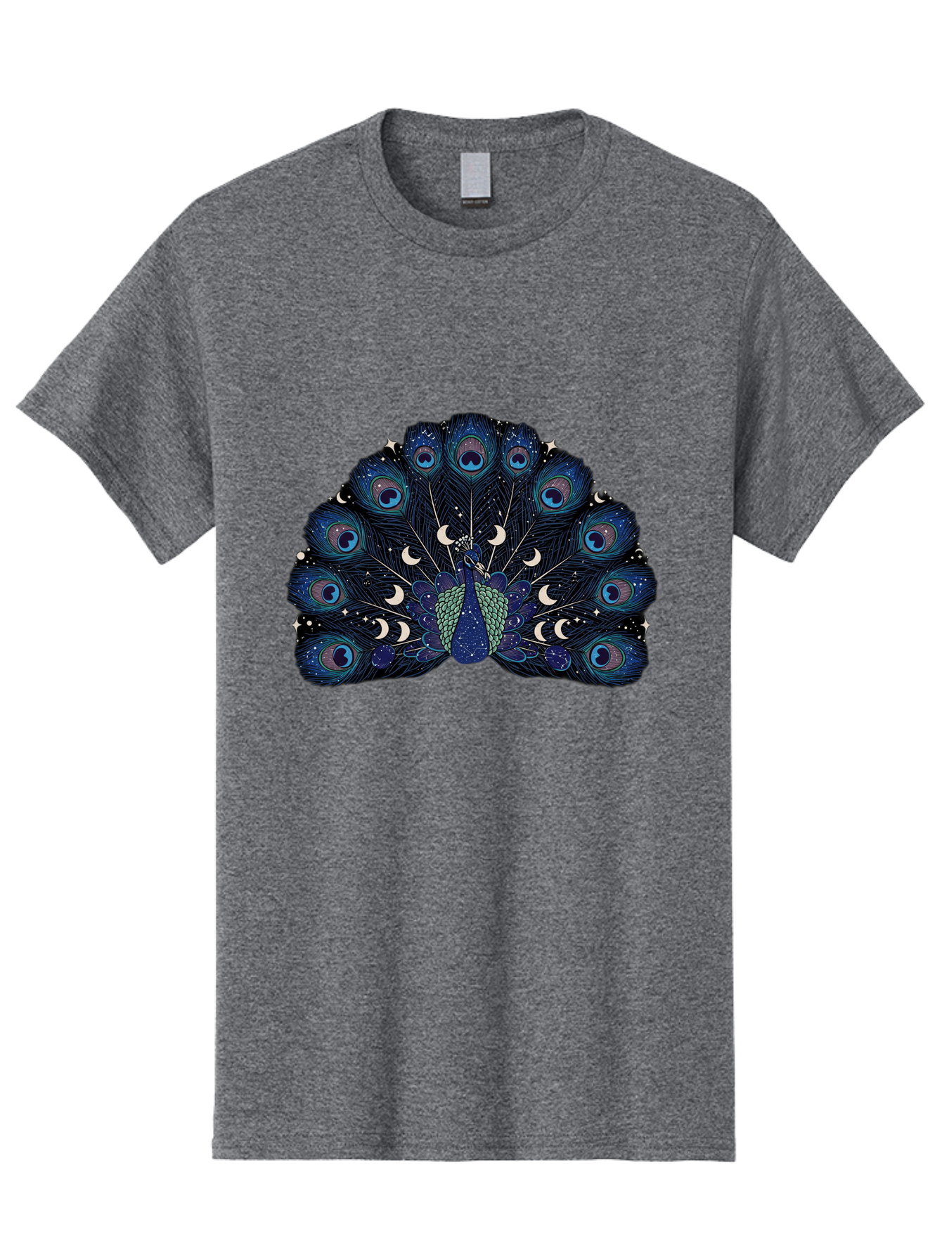 Celestial-Peacock Men'S Graphic Tee, 100% Cotton, Comfortable Casual Summer Wear, Machine Washable, Peacock, Moon Phases, Celestial, Night Sky, Stars, Crescent Moons, Blue Feathers, Eye-Catching, Vibrant, Lunar Cycle, Mystical, Night, Magic Baa280