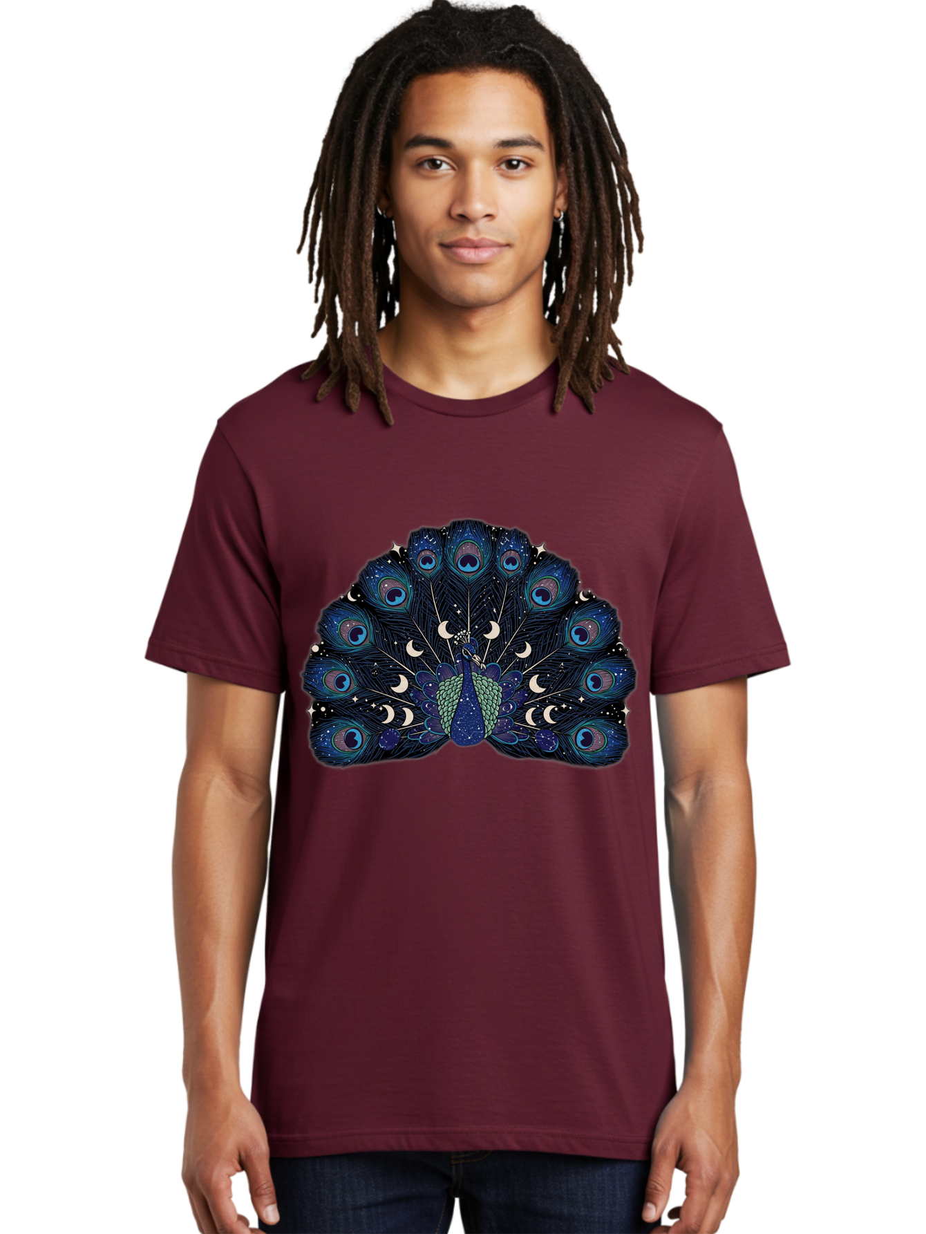 Celestial-Peacock Men'S Graphic Tee, 100% Cotton, Comfortable Casual Summer Wear, Machine Washable, Peacock, Moon Phases, Celestial, Night Sky, Stars, Crescent Moons, Blue Feathers, Eye-Catching, Vibrant, Lunar Cycle, Mystical, Night, Magic Baa280