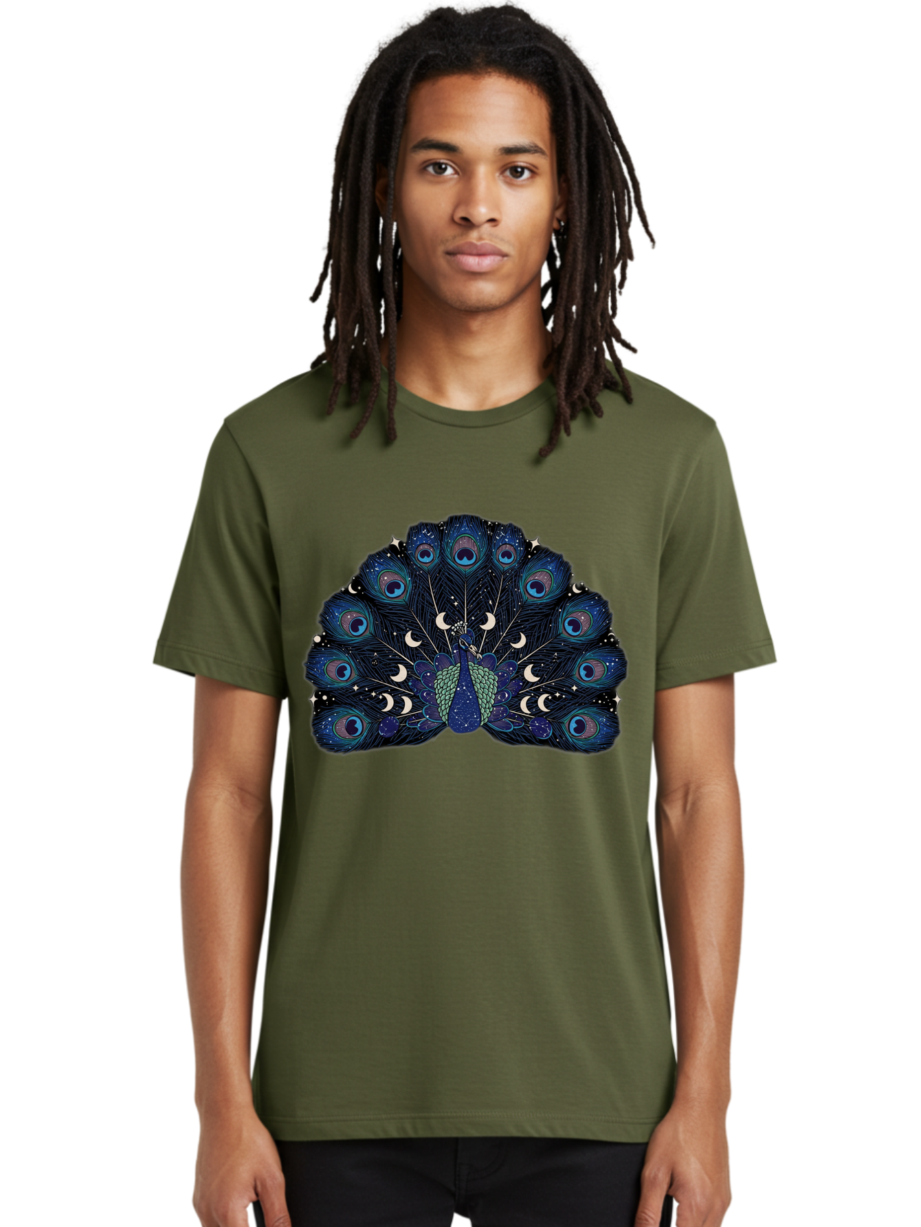Celestial-Peacock Men'S Graphic Tee, 100% Cotton, Comfortable Casual Summer Wear, Machine Washable, Peacock, Moon Phases, Celestial, Night Sky, Stars, Crescent Moons, Blue Feathers, Eye-Catching, Vibrant, Lunar Cycle, Mystical, Night, Magic Baa280