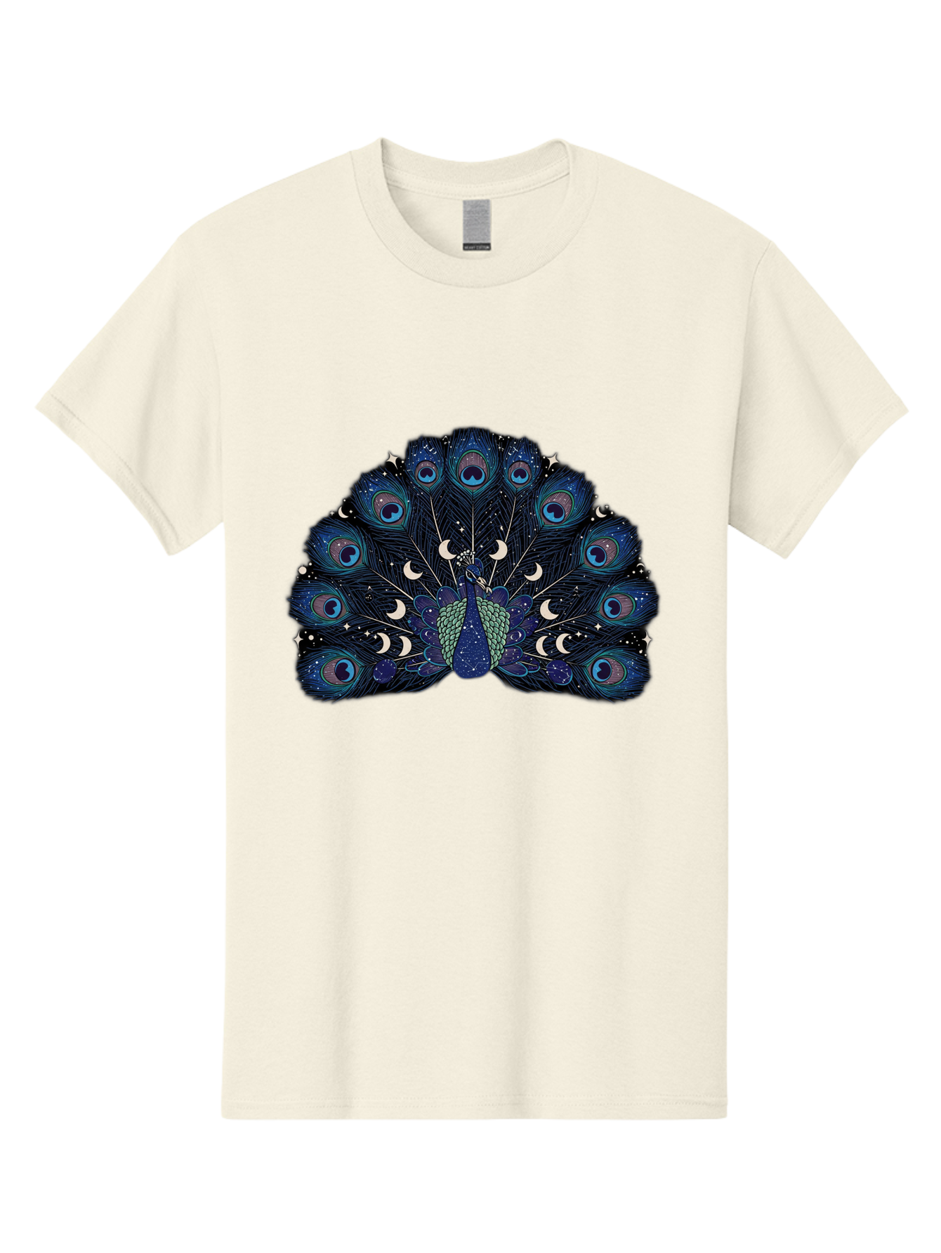 Celestial-Peacock Men'S Graphic Tee, 100% Cotton, Comfortable Casual Summer Wear, Machine Washable, Peacock, Moon Phases, Celestial, Night Sky, Stars, Crescent Moons, Blue Feathers, Eye-Catching, Vibrant, Lunar Cycle, Mystical, Night, Magic Baa280