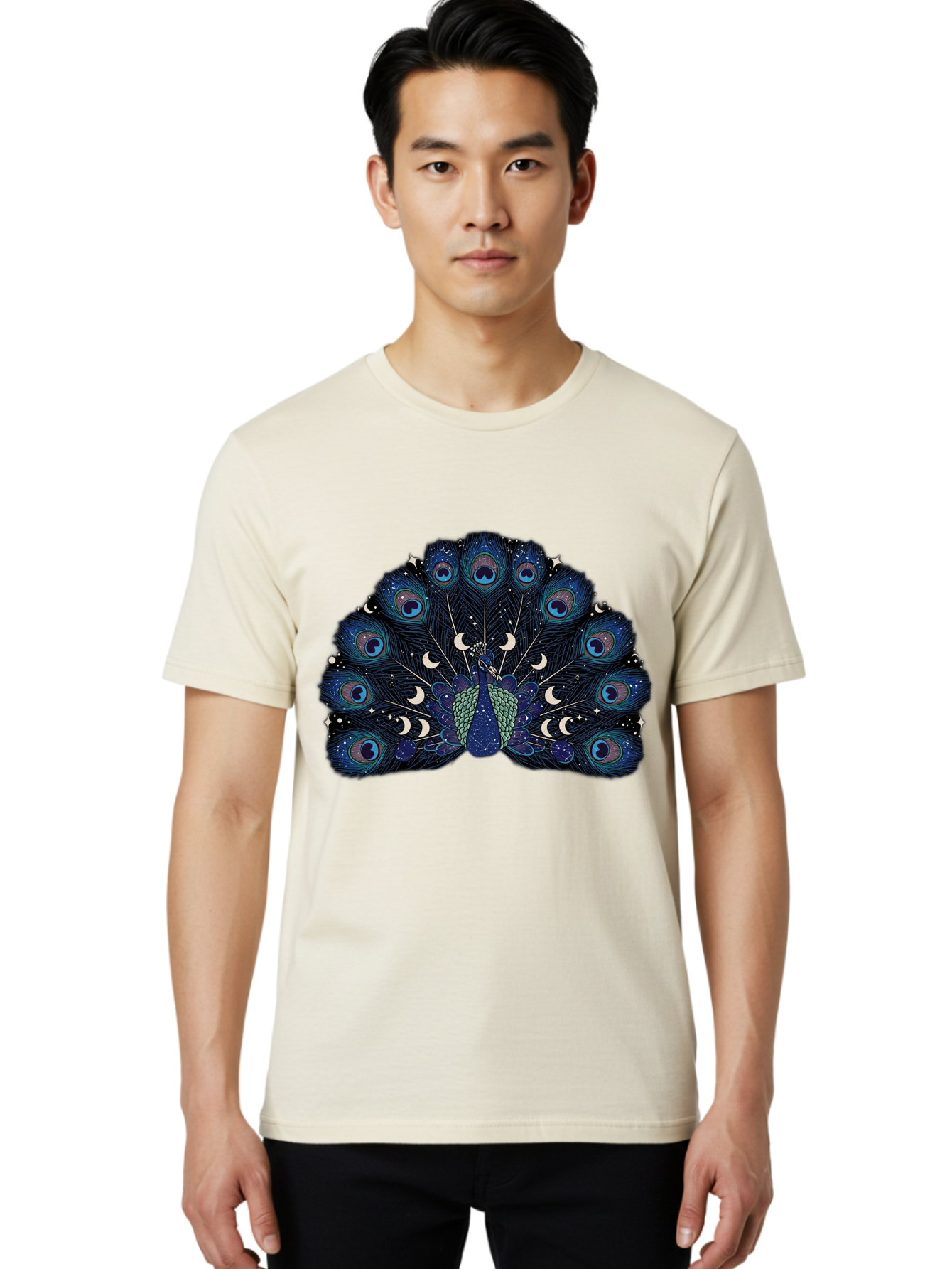 Celestial-Peacock Men'S Graphic Tee, 100% Cotton, Comfortable Casual Summer Wear, Machine Washable, Peacock, Moon Phases, Celestial, Night Sky, Stars, Crescent Moons, Blue Feathers, Eye-Catching, Vibrant, Lunar Cycle, Mystical, Night, Magic Baa280