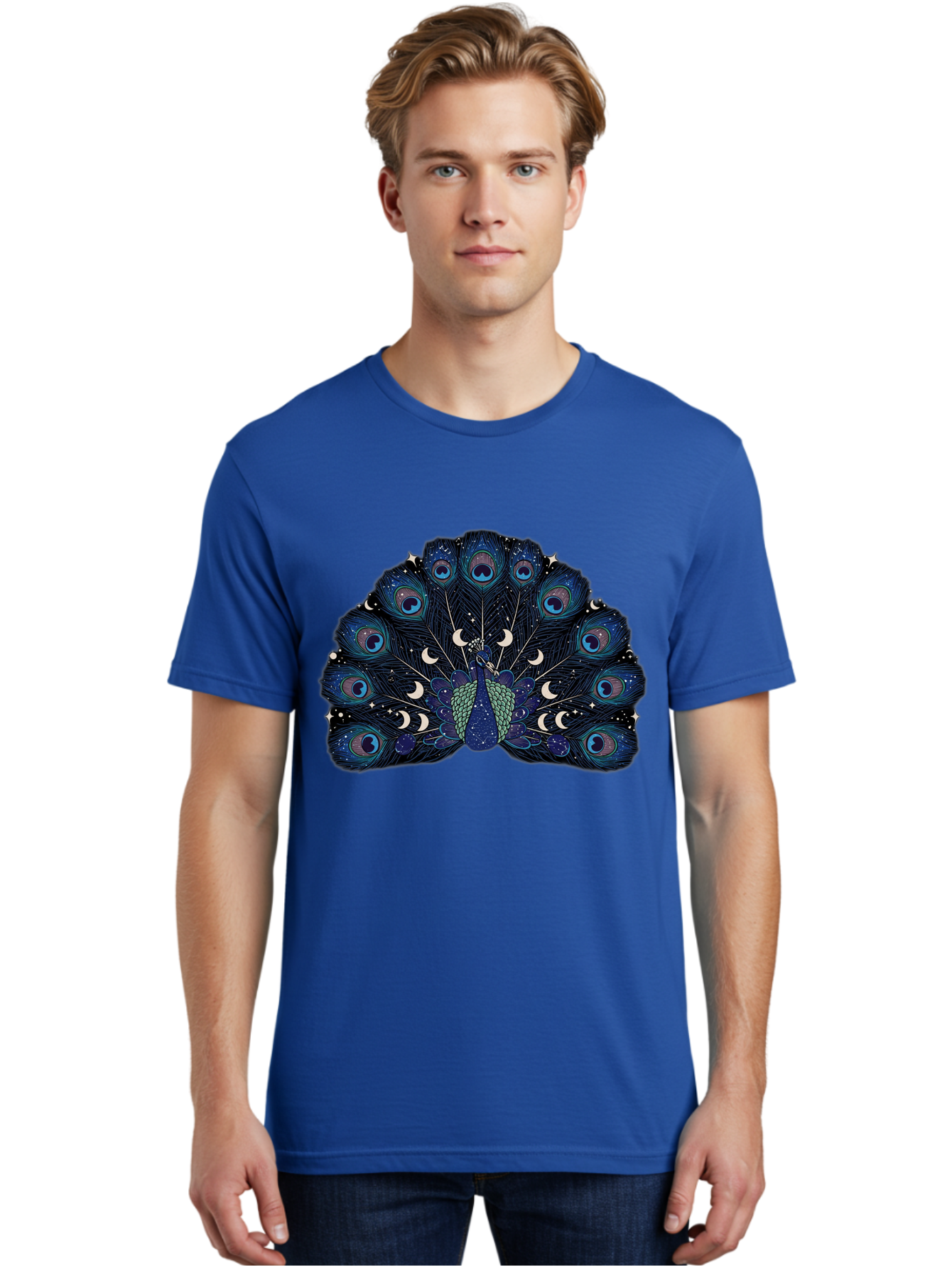 Celestial-Peacock Men'S Graphic Tee, 100% Cotton, Comfortable Casual Summer Wear, Machine Washable, Peacock, Moon Phases, Celestial, Night Sky, Stars, Crescent Moons, Blue Feathers, Eye-Catching, Vibrant, Lunar Cycle, Mystical, Night, Magic Baa280